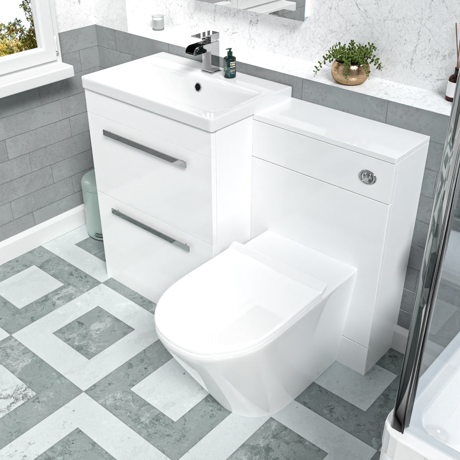 Nanuya Gloss White Vanity Unit with 2 Drawers and Back To Wall Toilet