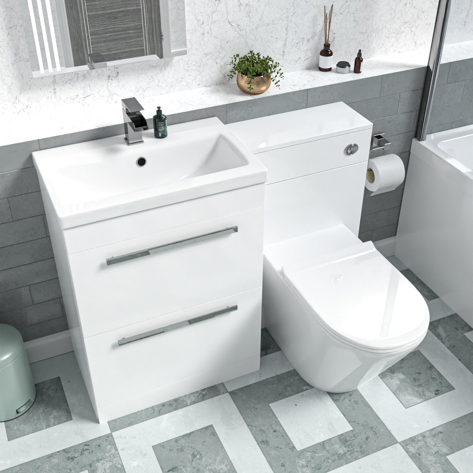 Nanuya Gloss White Vanity Unit with 2 Drawers and Back To Wall Toilet