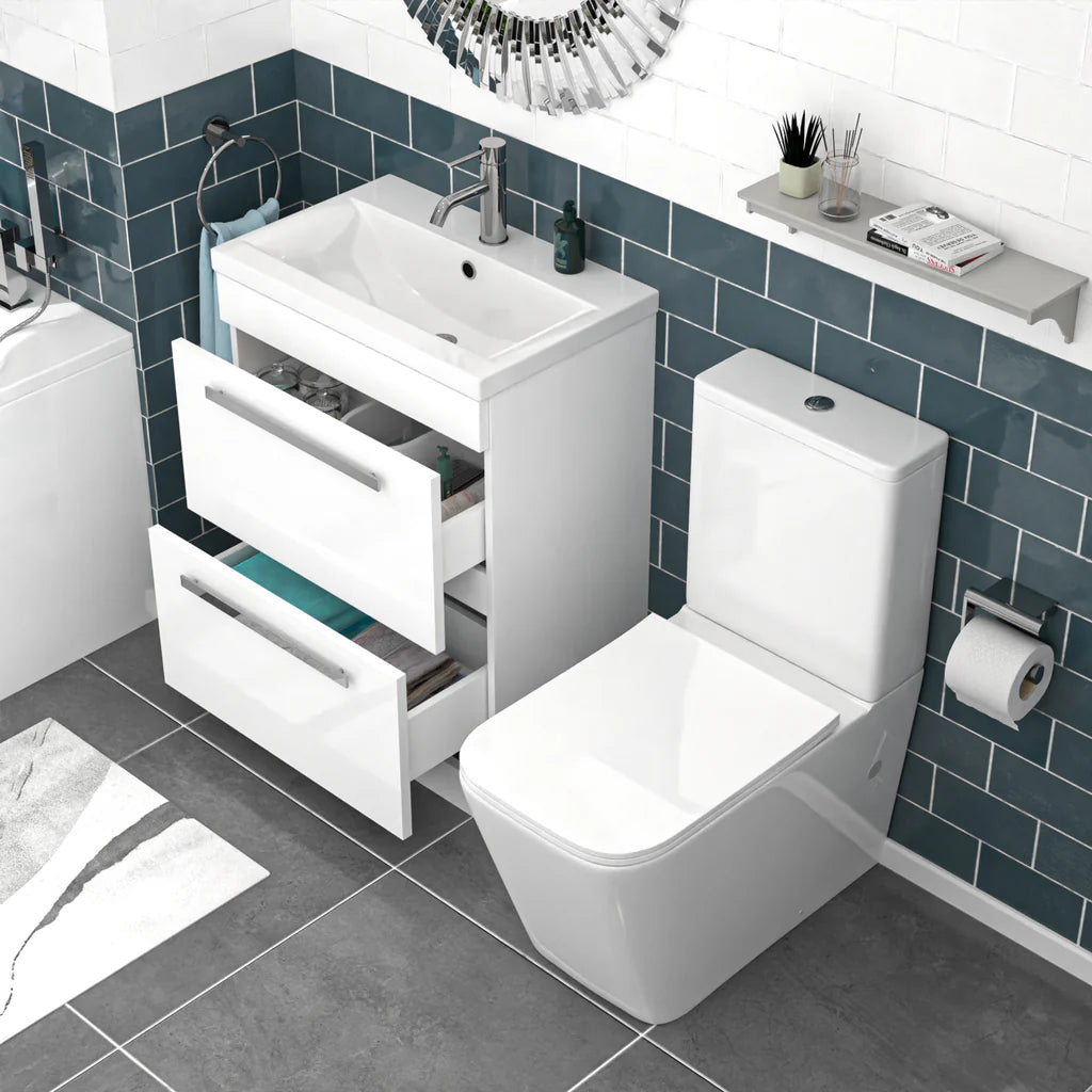 Nanuya 600mm White 2 Drawers Vanity Unit, Back To Wall Toilet