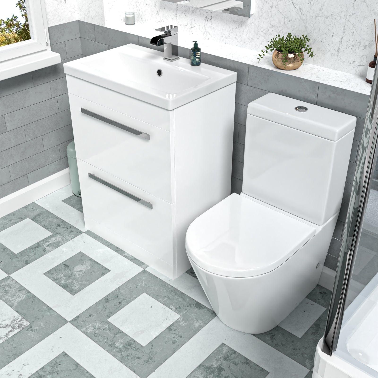 Nanuya 600mm Floorstanding 2 Drawer Vanity Basin Unit & Round Close Coupled Toilet White