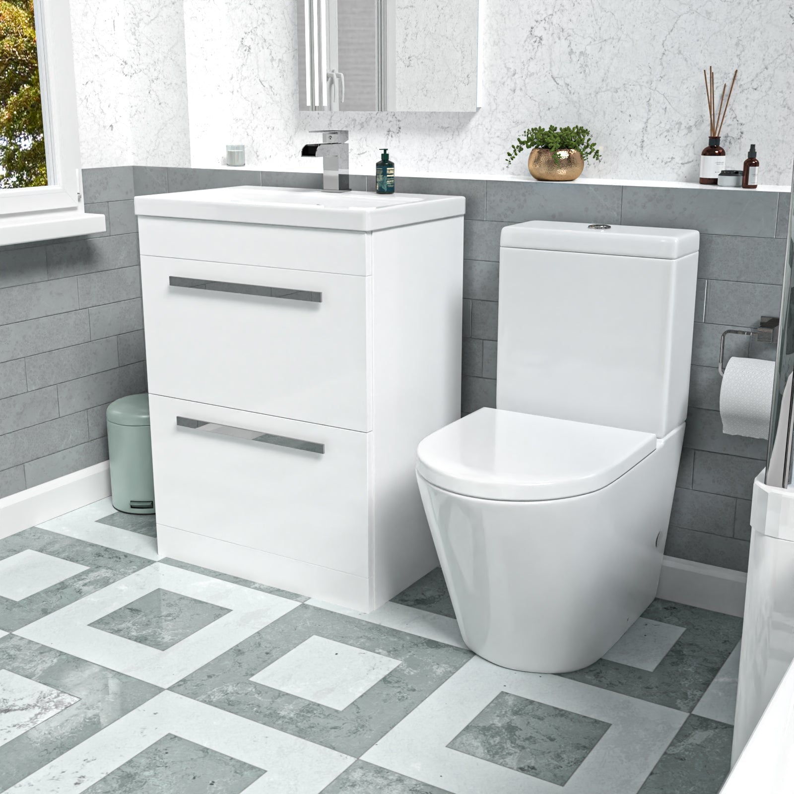 Nanuya 600mm Floorstanding 2 Drawer Vanity Basin Unit & Round Close Coupled Toilet White