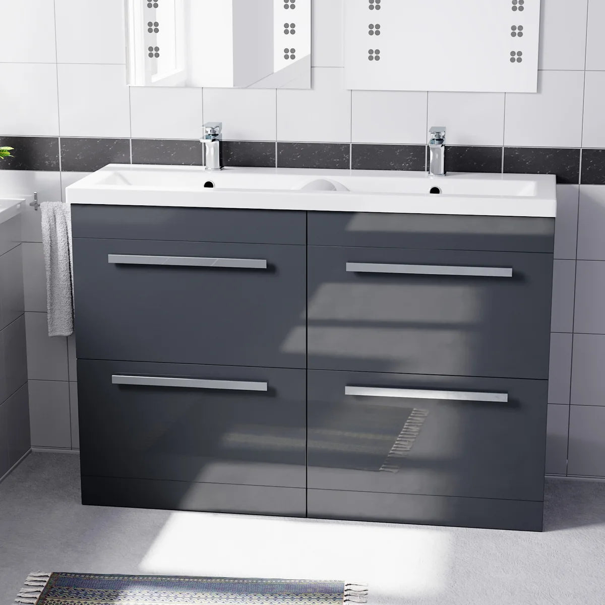 Set of 2 Freestanding 600mm Vanity With Ceramic Mid Edge Twin Basin- Anthracite
