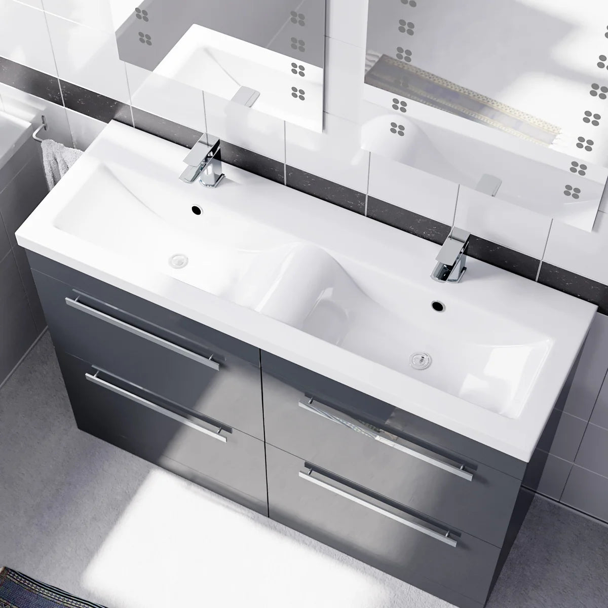 Set of 2 Freestanding 600mm Vanity With Ceramic Mid Edge Twin Basin- Anthracite
