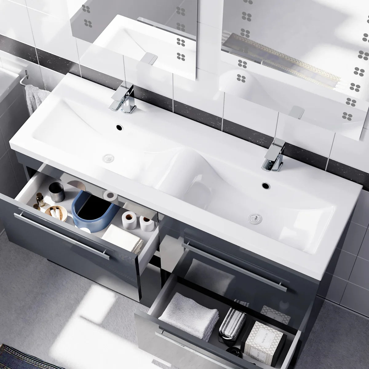 Set of 2 Freestanding 600mm Vanity With Ceramic Mid Edge Twin Basin- Anthracite