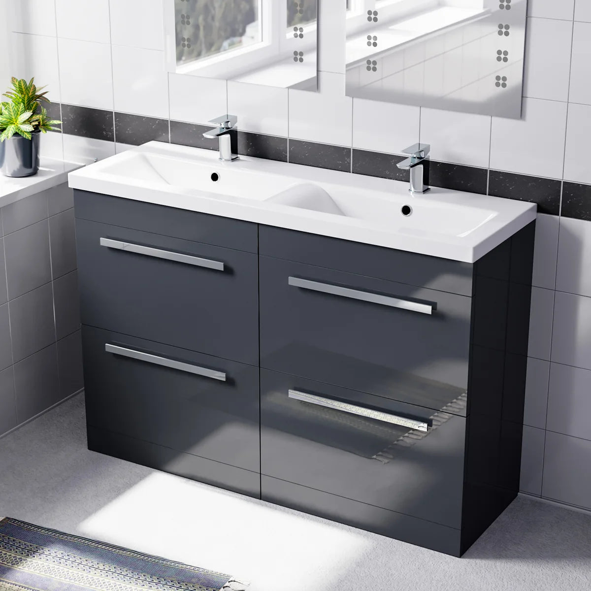 Set of 2 Freestanding 600mm Vanity With Ceramic Mid Edge Twin Basin- Anthracite