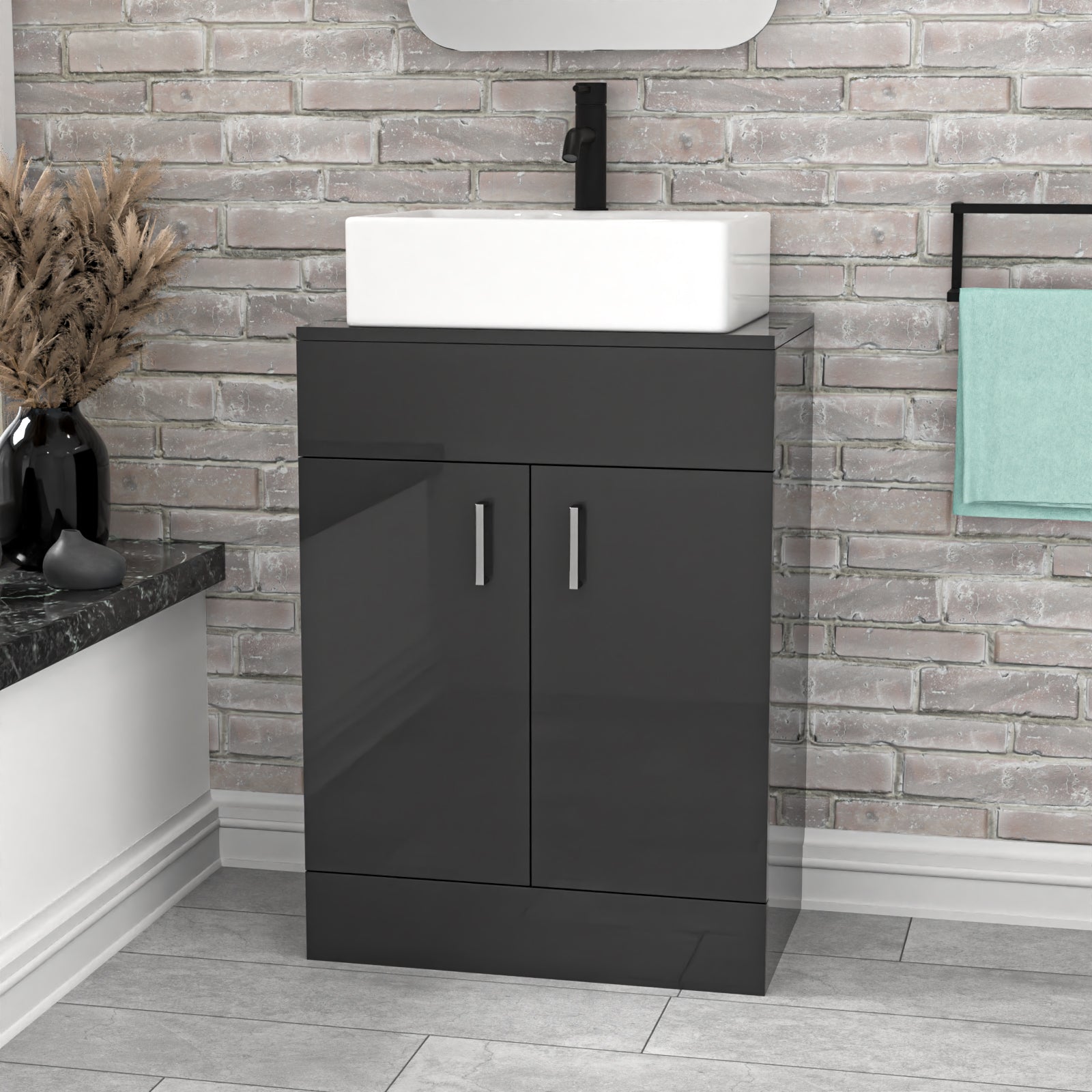 Nanuya Dark Grey 600mm Vanity Unit, Worktop With Square Bowl Basin