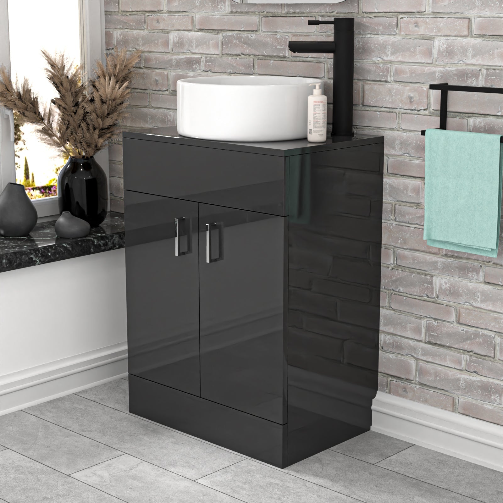 Nanuya 600mm Dark Grey Freestanding Drawers Vanity & Worktop With Round Basin