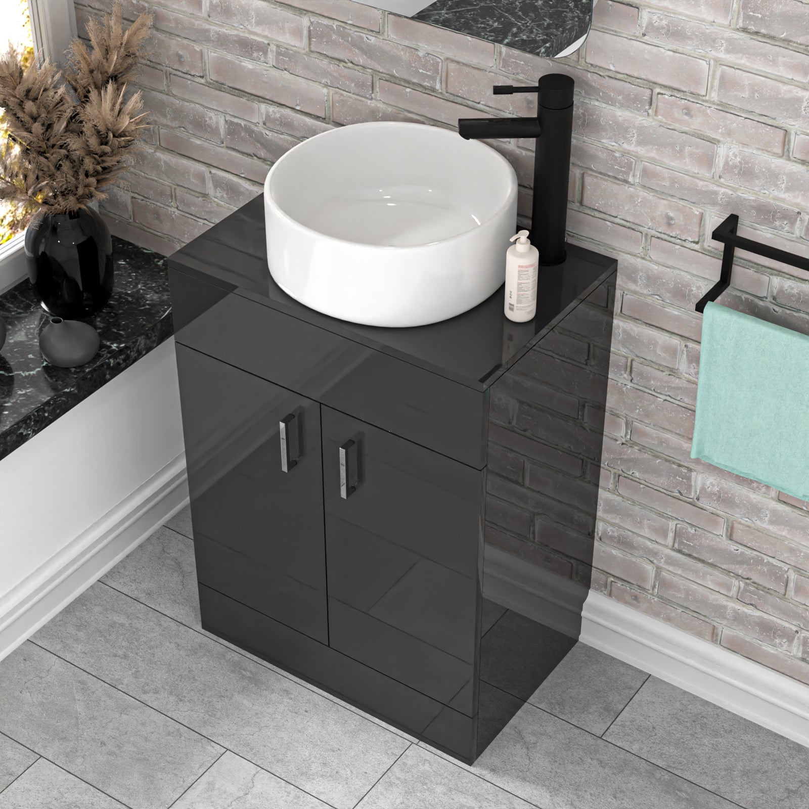 Nanuya 600mm Dark Grey Freestanding Drawers Vanity & Worktop With Round Basin