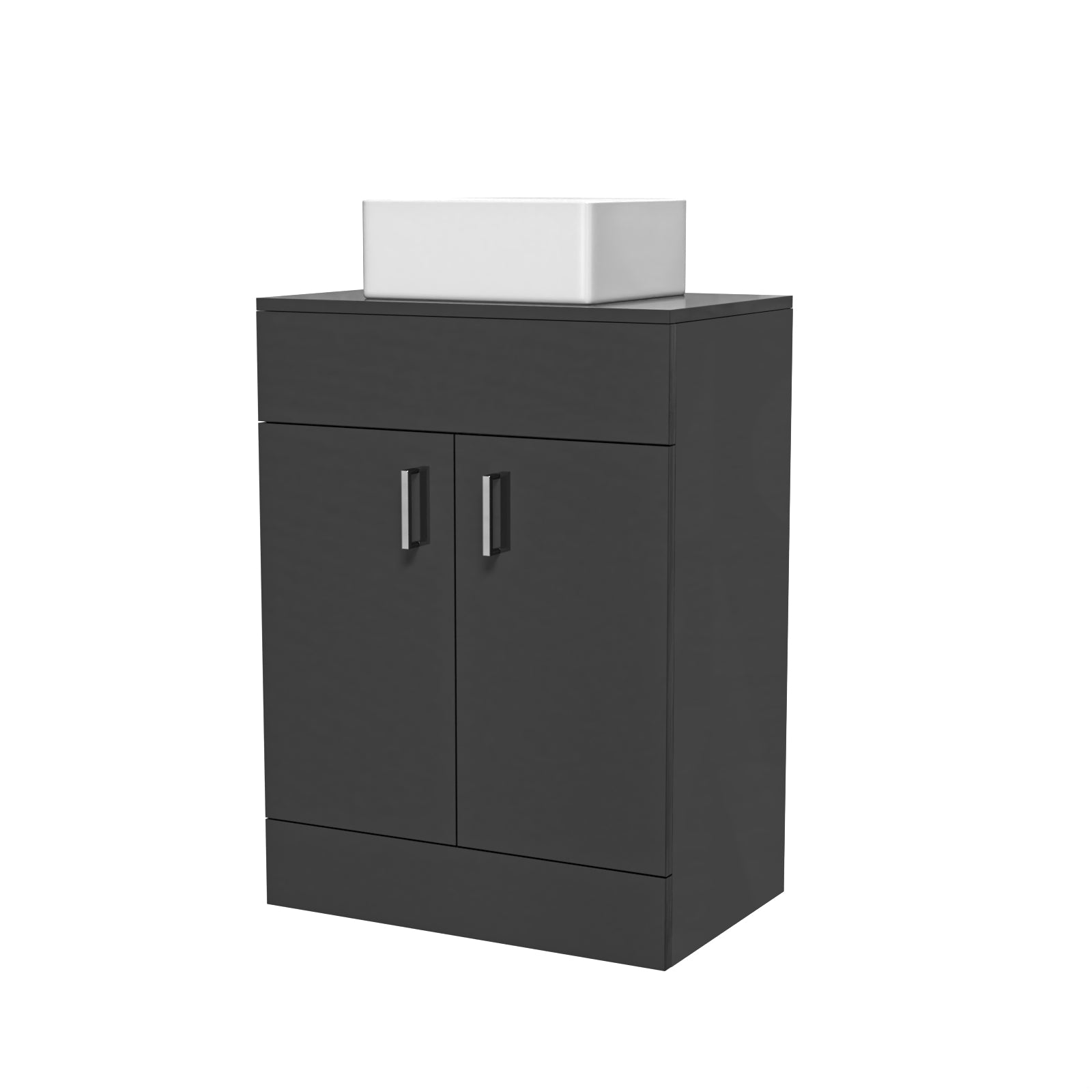 Black bathroom cabinet with white basin on a white background