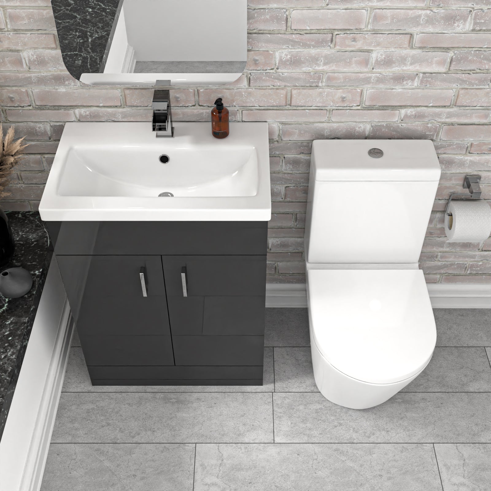 Bathroom setup with a black vanity unit, white sink, and toilet