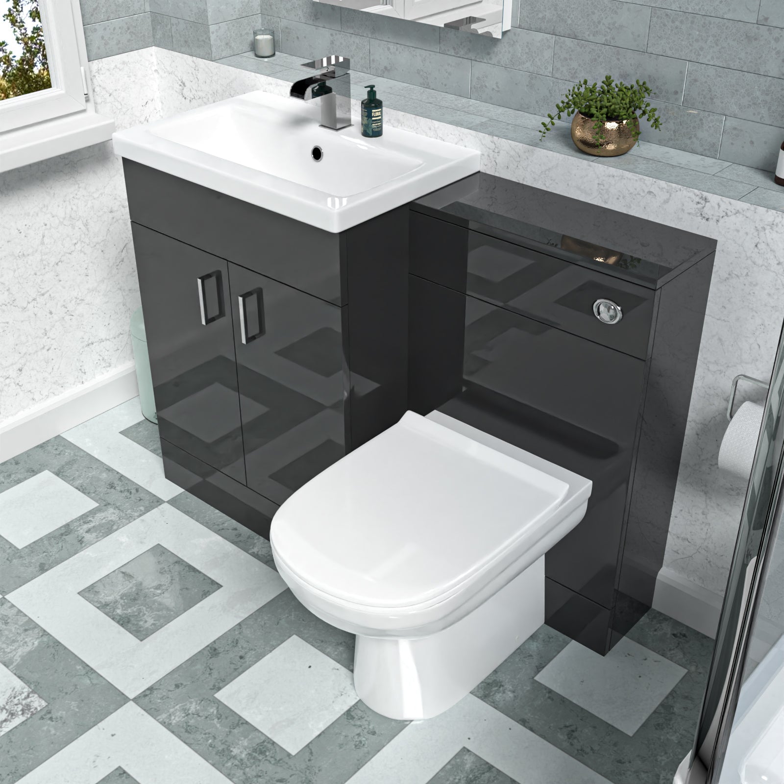 Nanuya Dark Grey 1100mm Basin Vanity & WC Unit & Back to Wall Toilet Flat Pack