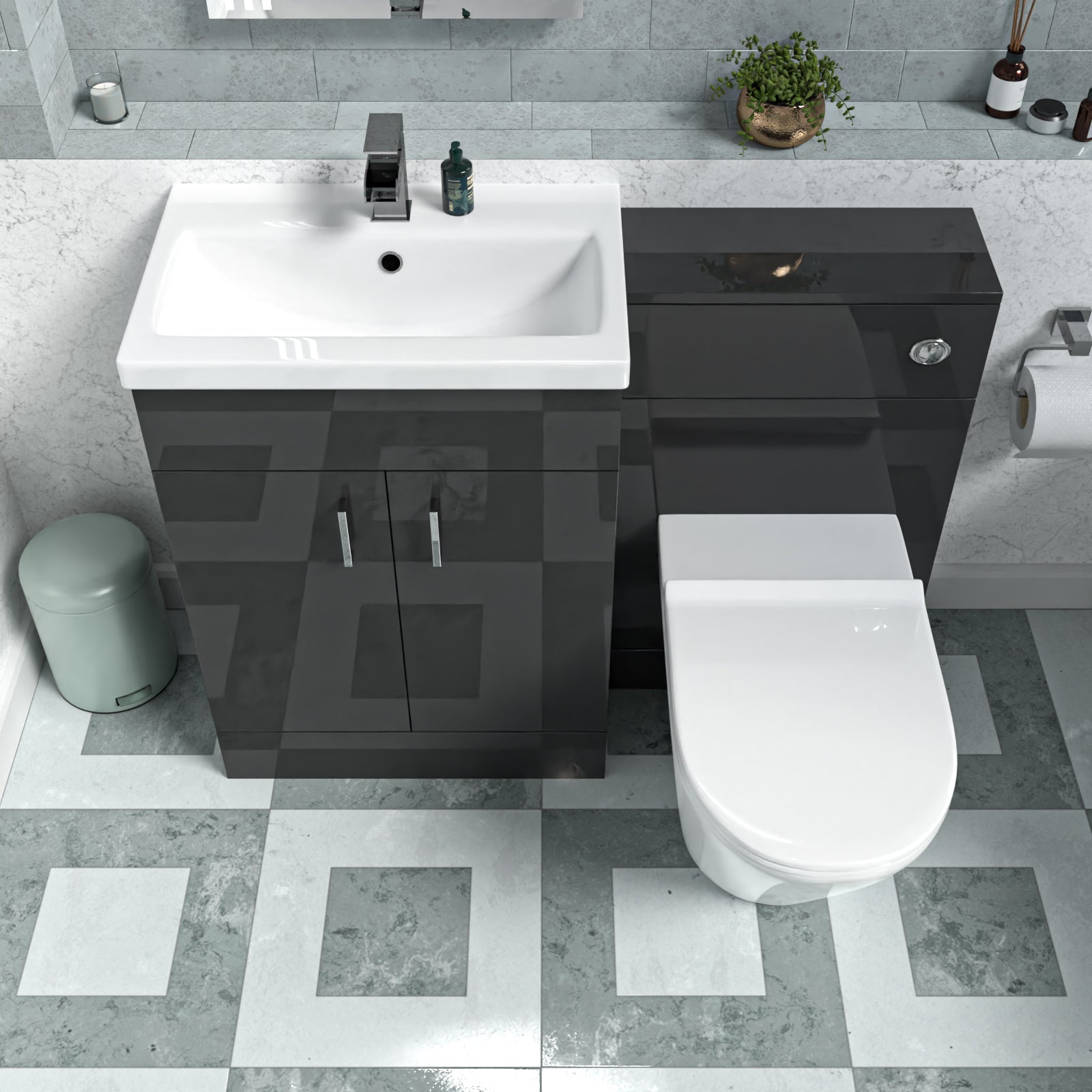 Nanuya Anthracite 600mm Freestanding Vanity Basin, WC Unit, & BTW Toilet Flat Pack