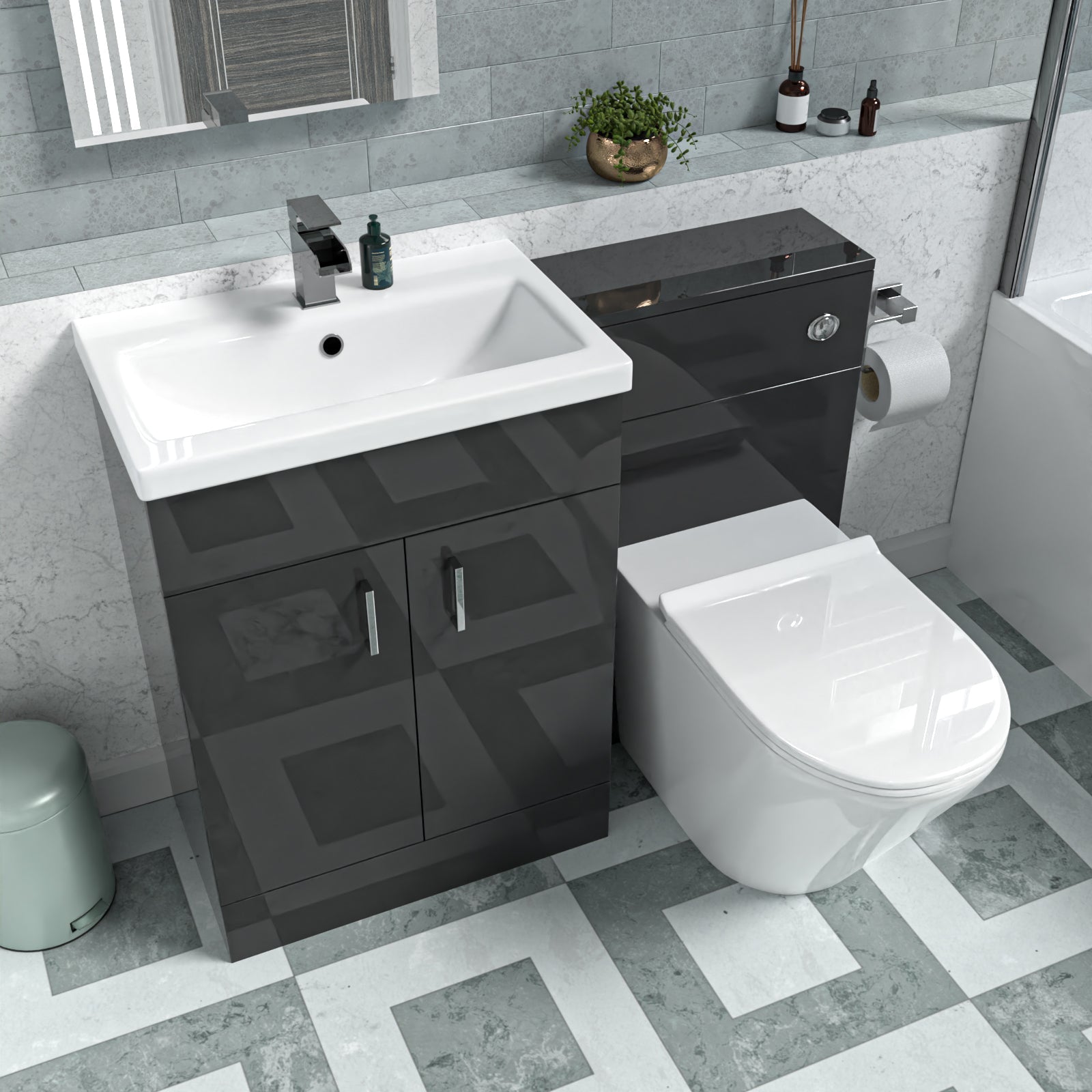 Nanuya Anthracite 600mm Freestanding Vanity Basin, WC Unit, & BTW Toilet Flat Pack