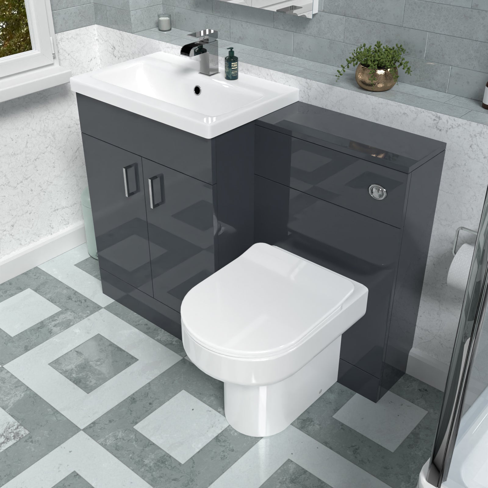 Nanuya 1100mm Dark Grey Vanity Basin Cabinet + WC Unit & Back To Wall Toilet