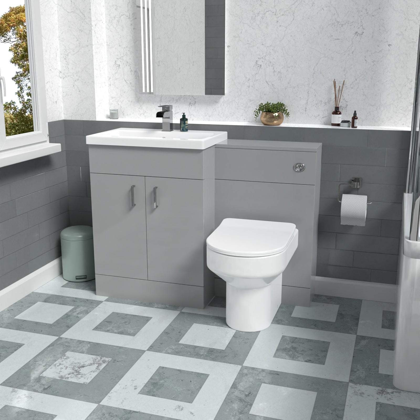 Nanuya 1100mm Light Grey Basin Vanity Cabinet, WC Unit & Back To Wall Toilet