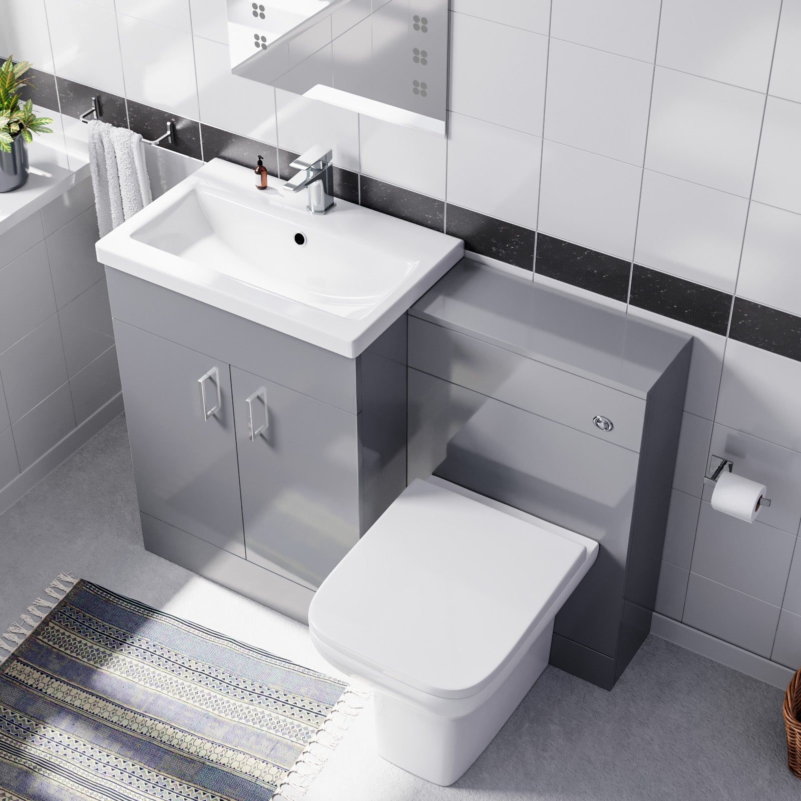 Nanuya 1100mm Light Grey Basin Vanity Cabinet, WC Unit & Square Back To Wall Toilet