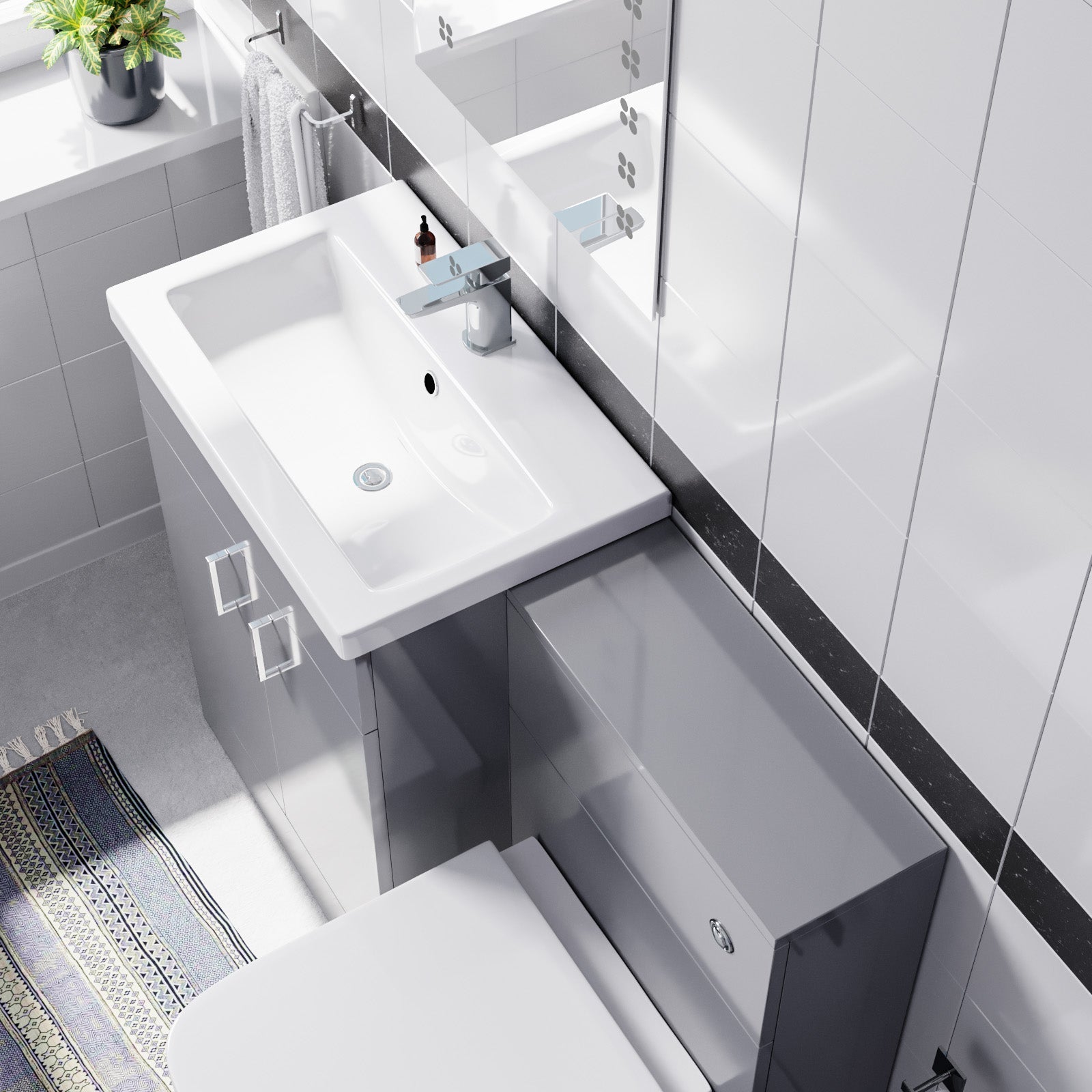 Nanuya 1100mm Light Grey Basin Vanity Cabinet, WC Unit & Square Back To Wall Toilet