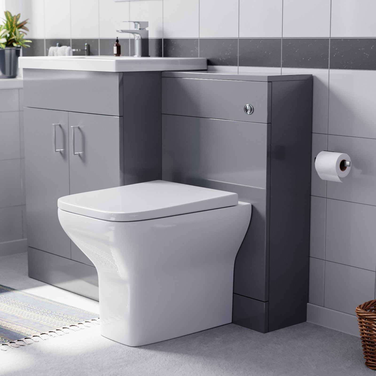 Nanuya 1100mm Light Grey Basin Vanity Cabinet, WC Unit & Square Back To Wall Toilet