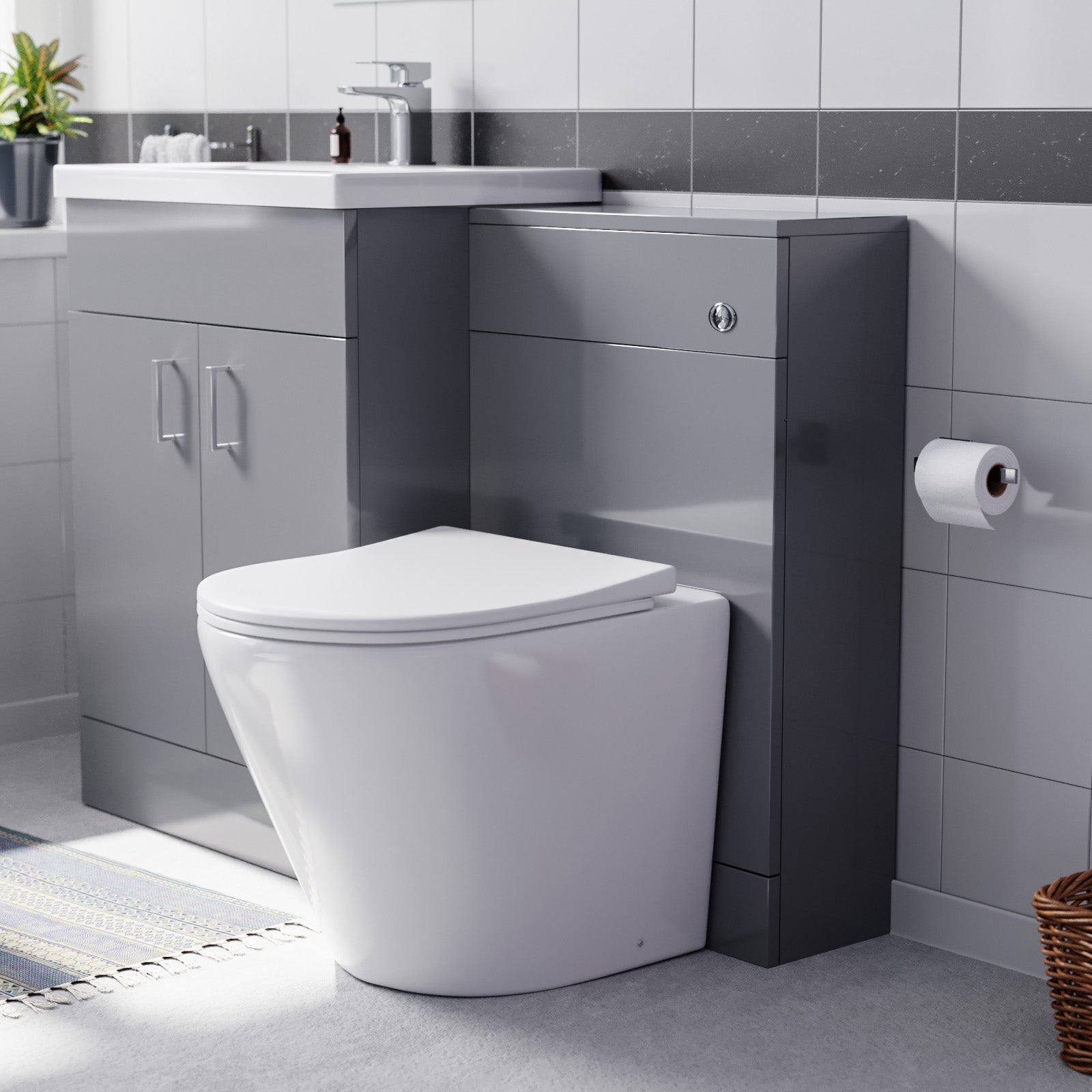 Nanuya 1100mm Light Grey Basin Vanity Cabinet, WC Unit & Round Back To Wall Toilet