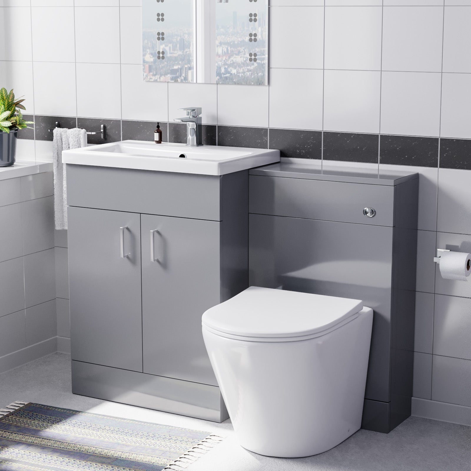 Nanuya 1100mm Light Grey Basin Vanity Cabinet, WC Unit & Round Back To Wall Toilet