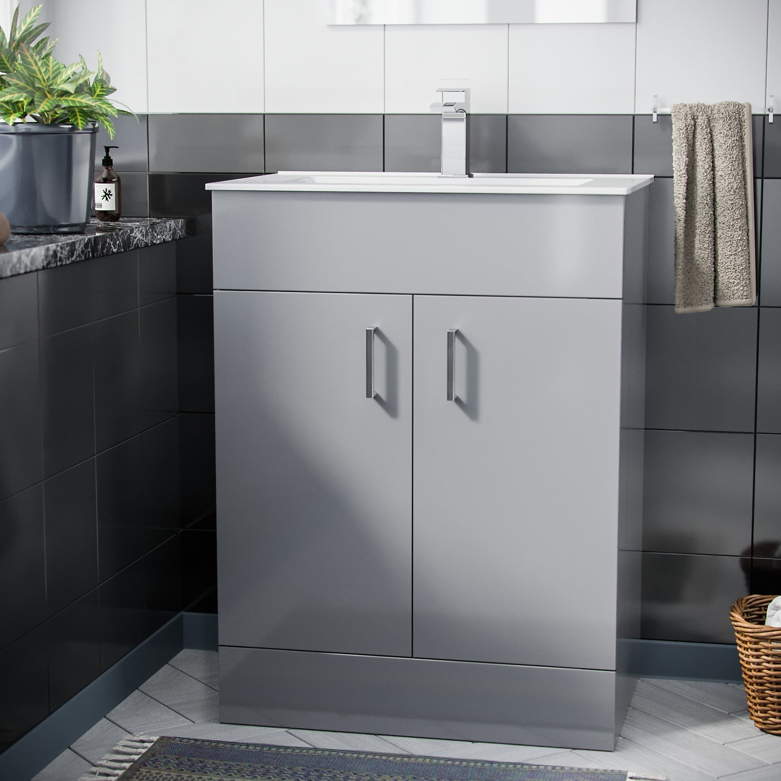 Nanuya 600mm Light Grey Floorstanding Vanity Unit & Slim White Basin Flat Pack