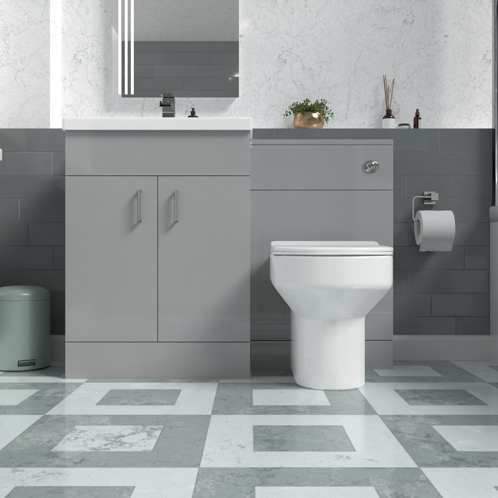 Nanuya 1100mm Light Grey Vanity Basin Cabinet, WC Unit & Back To Wall Toilet