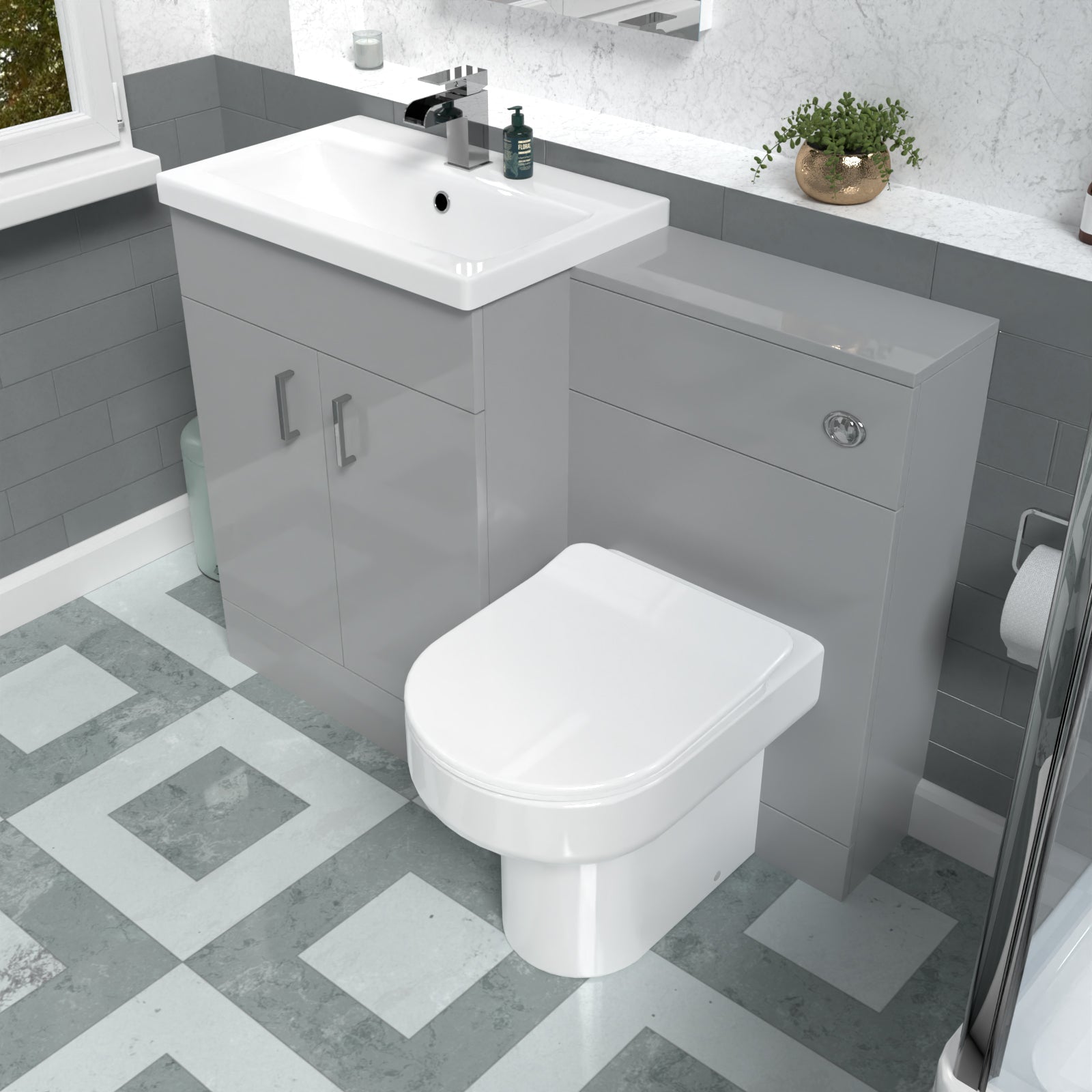 Nanuya 1100mm Light Grey Vanity Basin Cabinet, WC Unit & Back To Wall Toilet