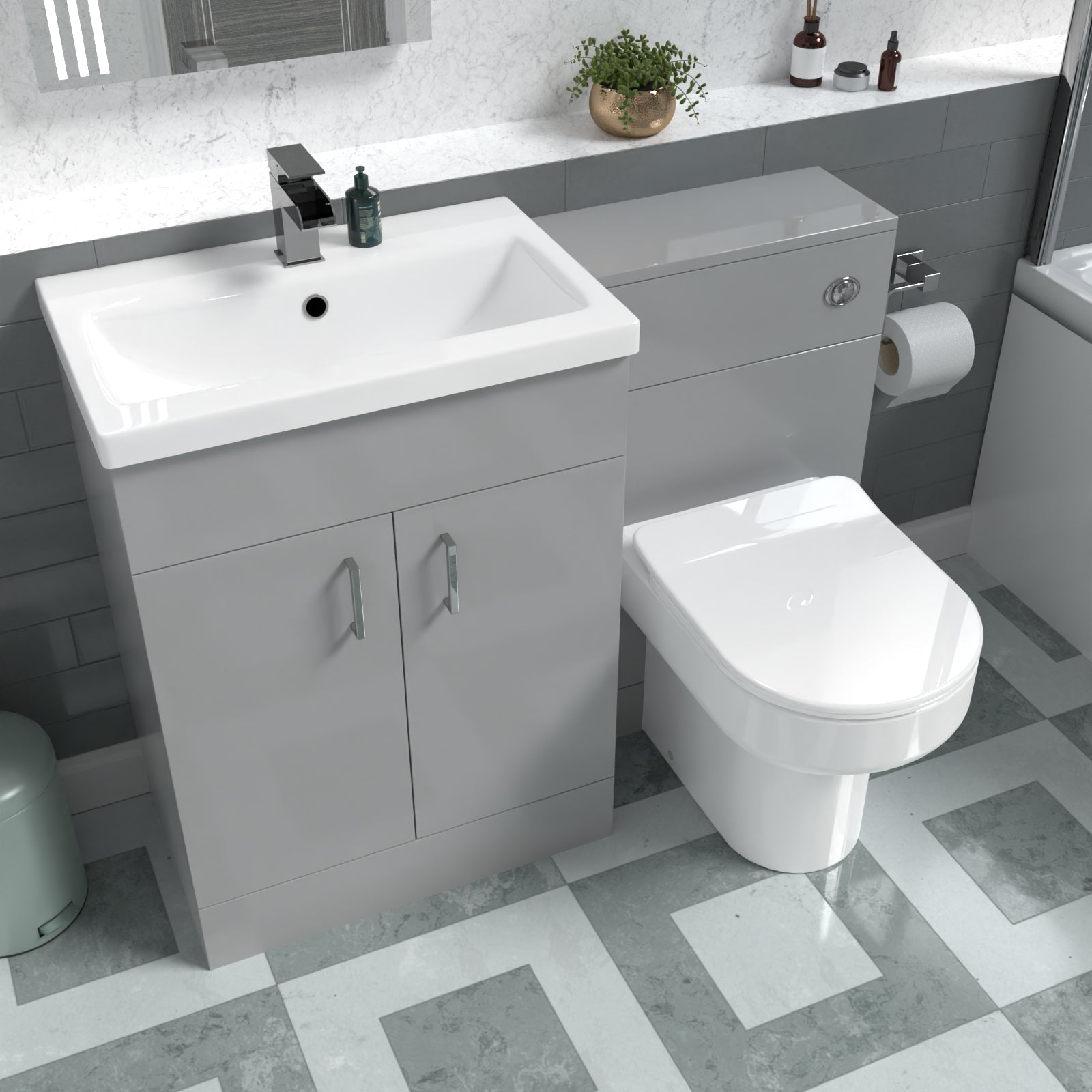 Nanuya 1100mm Light Grey Vanity Basin Cabinet, WC Unit & Back To Wall Toilet