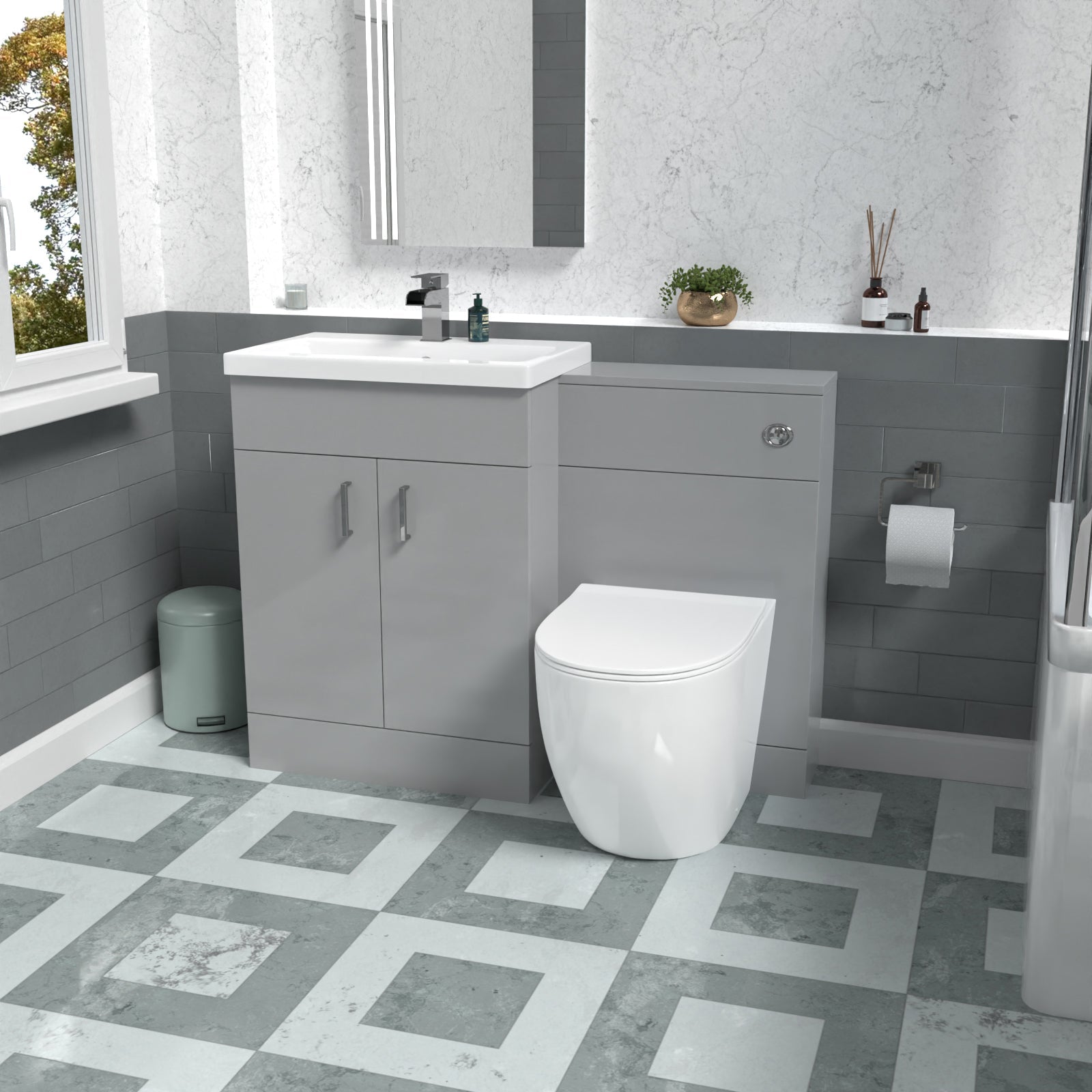 Nanuya 1100mm Light Grey Freestanding Basin Vanity & Back To Wall Toilet
