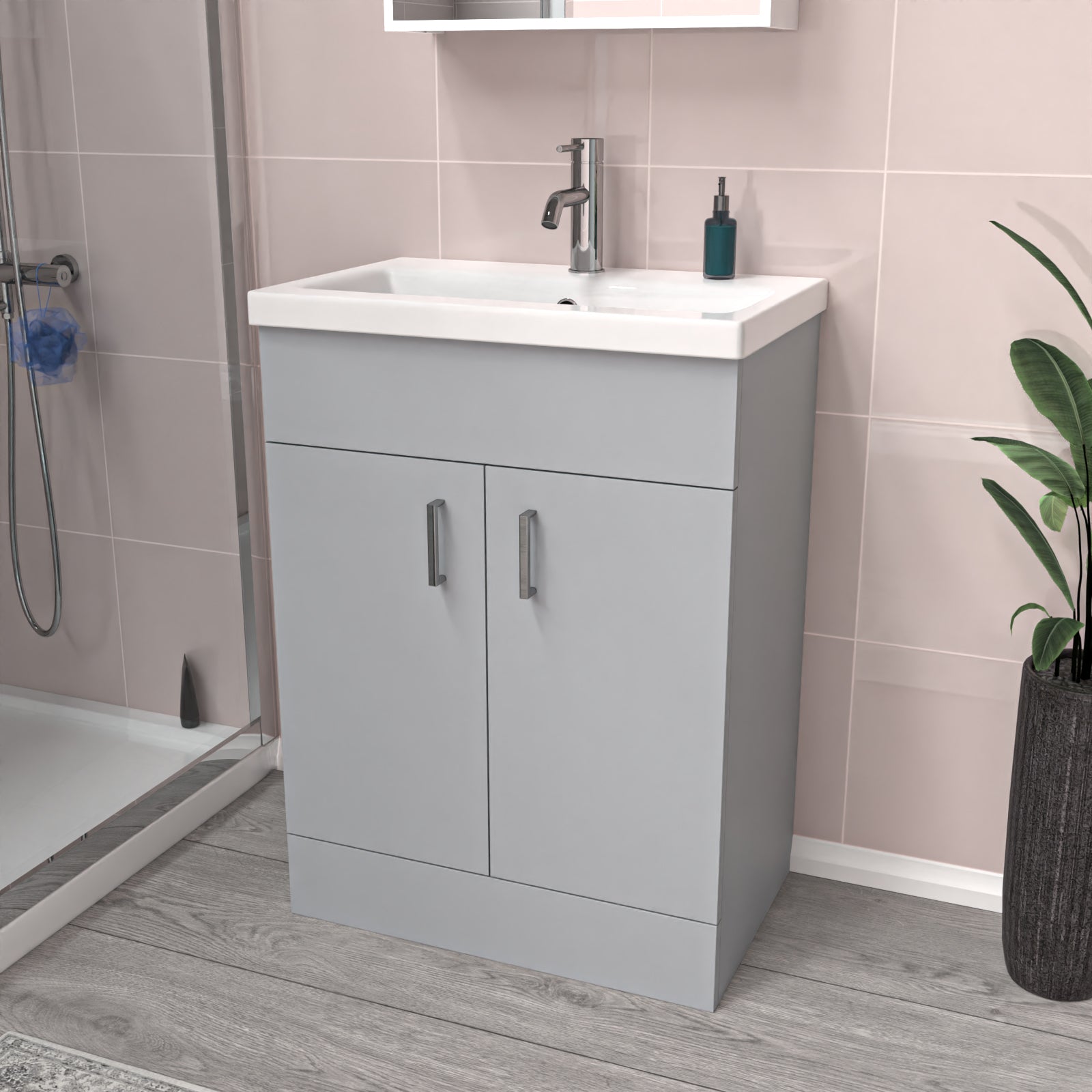 Nanuya Matte Grey 600mm Floor Standing Vanity Unit & White Basin Flat Pack