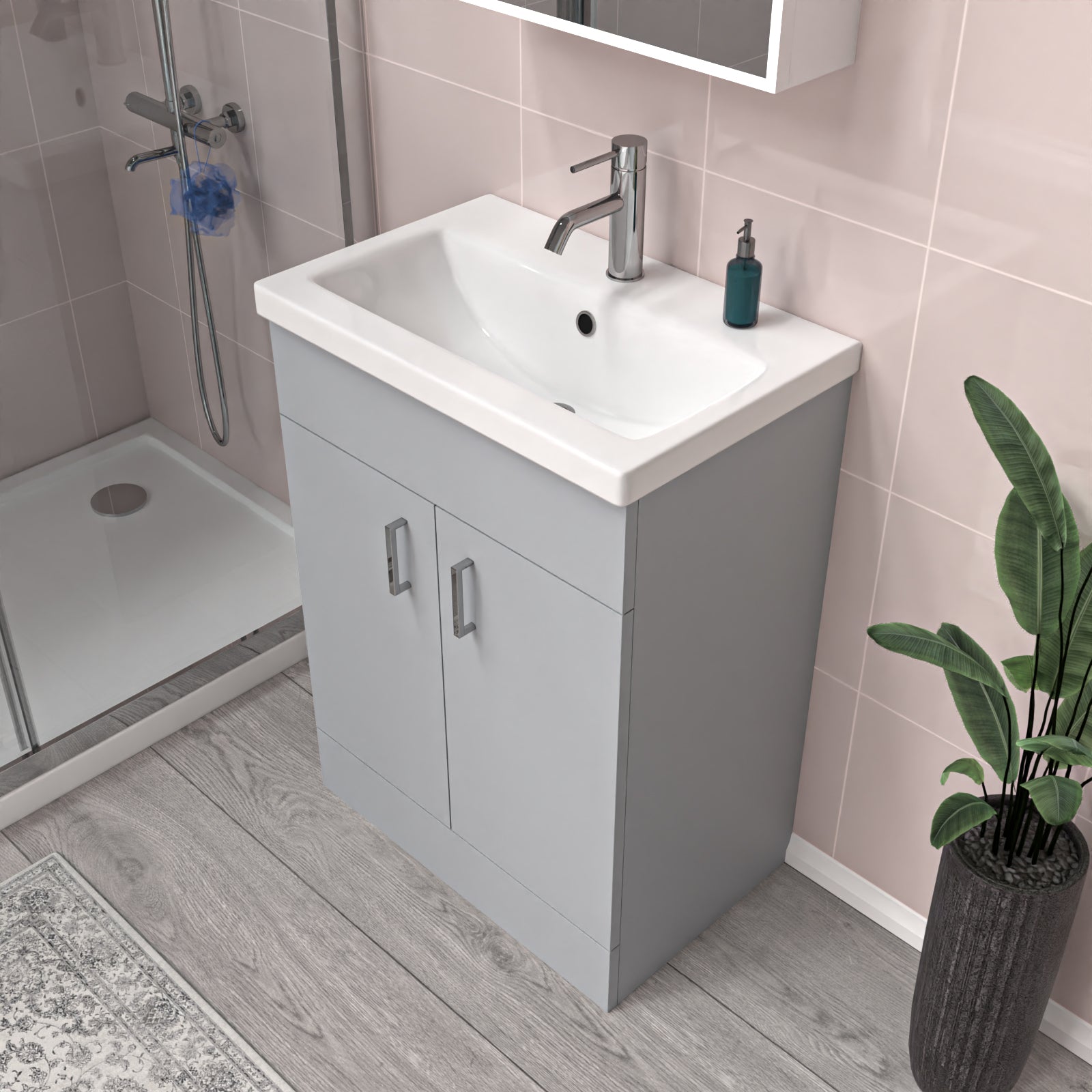 Nanuya Matte Grey 600mm Floor Standing Vanity Unit & White Basin Flat Pack