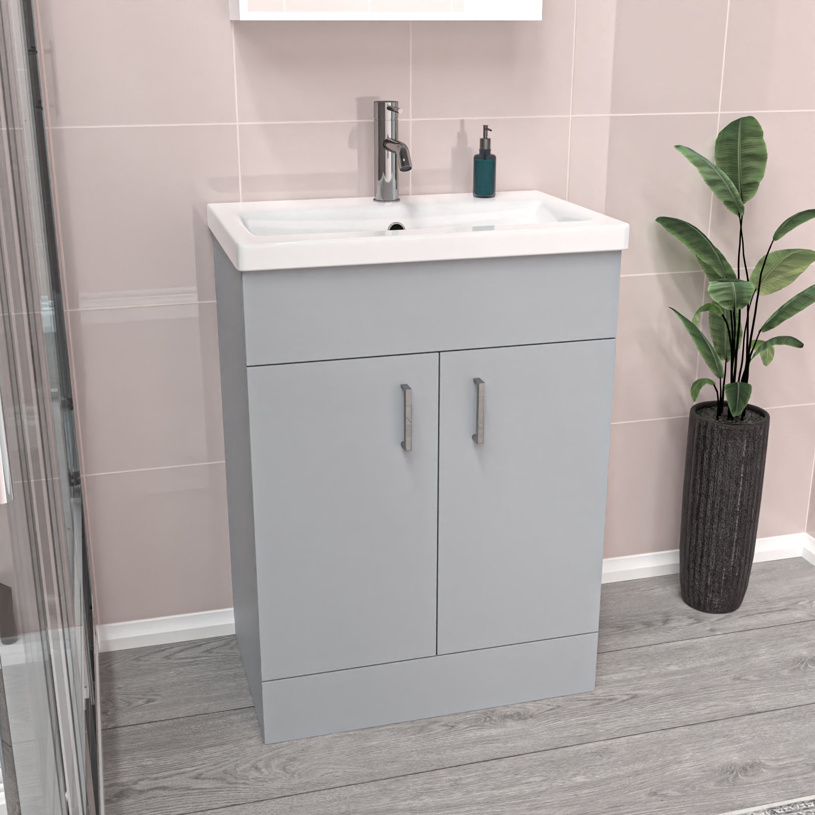 Nanuya Matte Grey 600mm Floor Standing Vanity Unit & White Basin