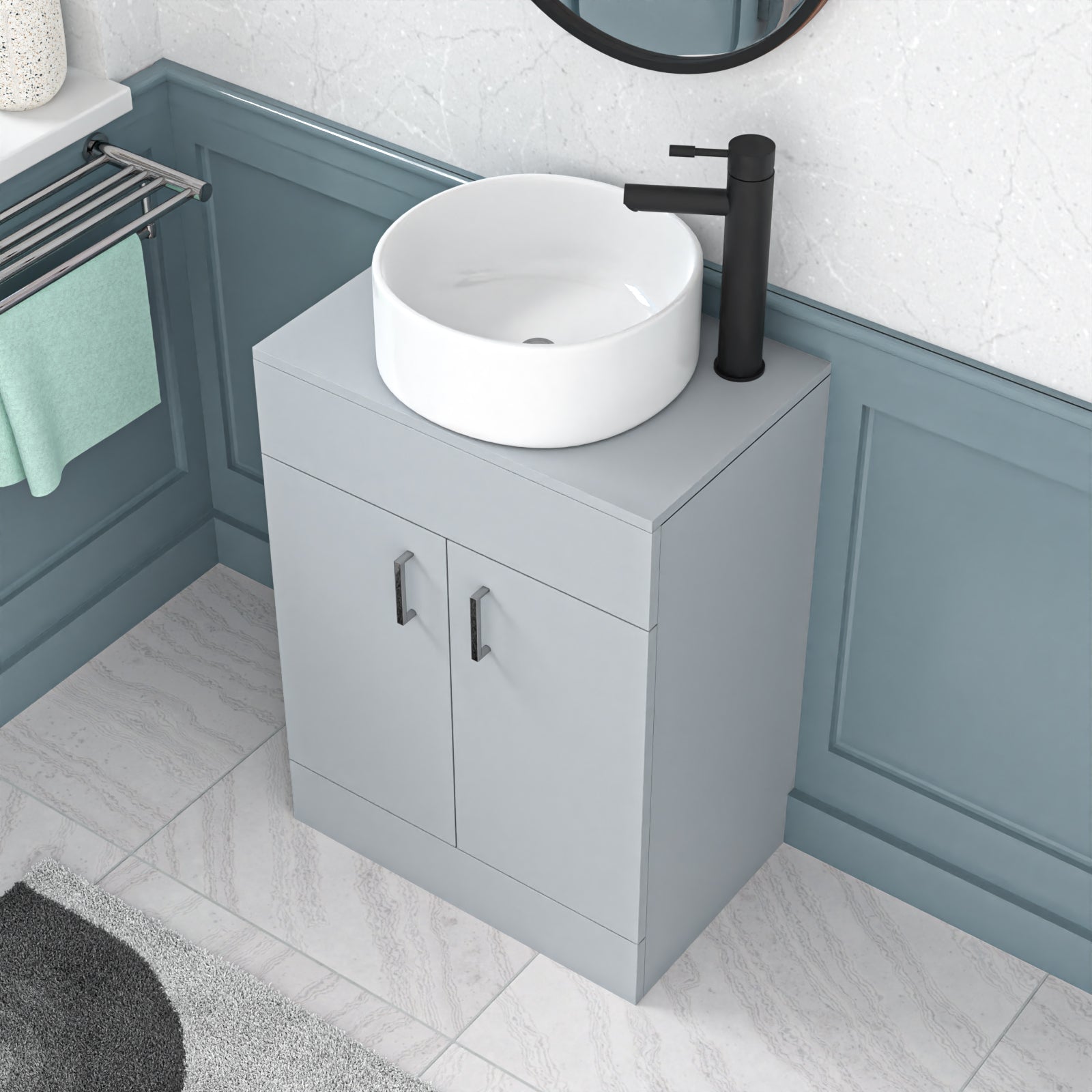 Nanuya 600mm 600mm Matte Grey Freestanding Drawers Vanity & Worktop With Round Basin
