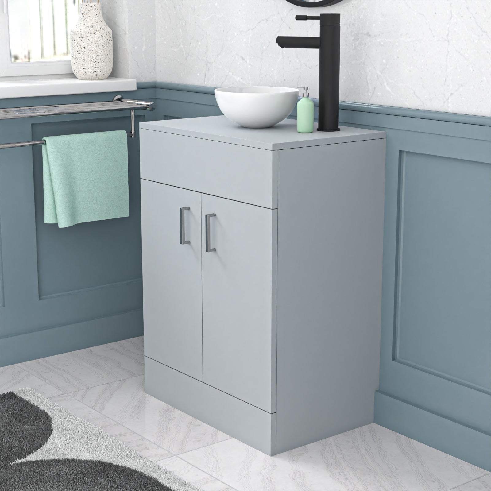 Nanuya Matte Grey 600mm Bathroom Doors Vanity Unit Round Ceramic Basin