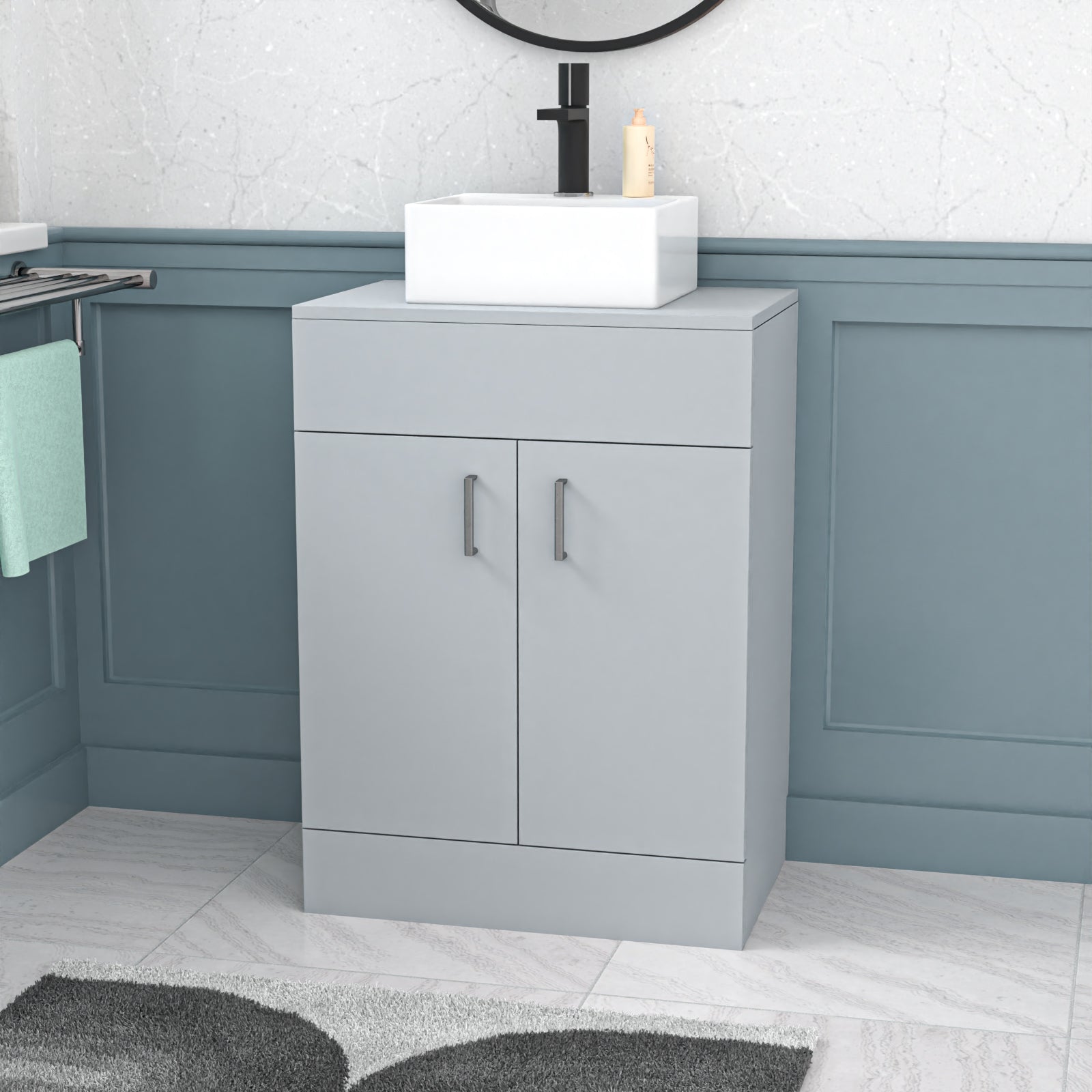 Nanuya Matte Grey 600mm Bathroom Doors Vanity Unit Rectangle Ceramic Basin