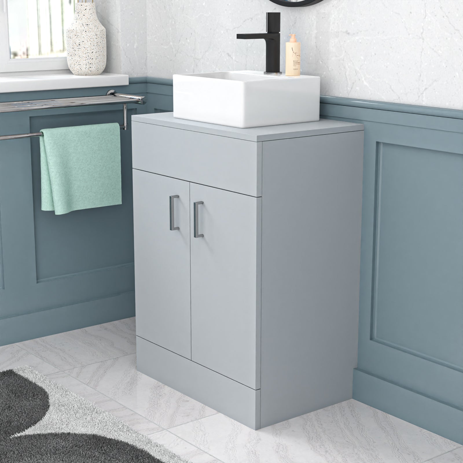 Nanuya Matte Grey 600mm Bathroom Doors Vanity Unit Rectangle Ceramic Basin