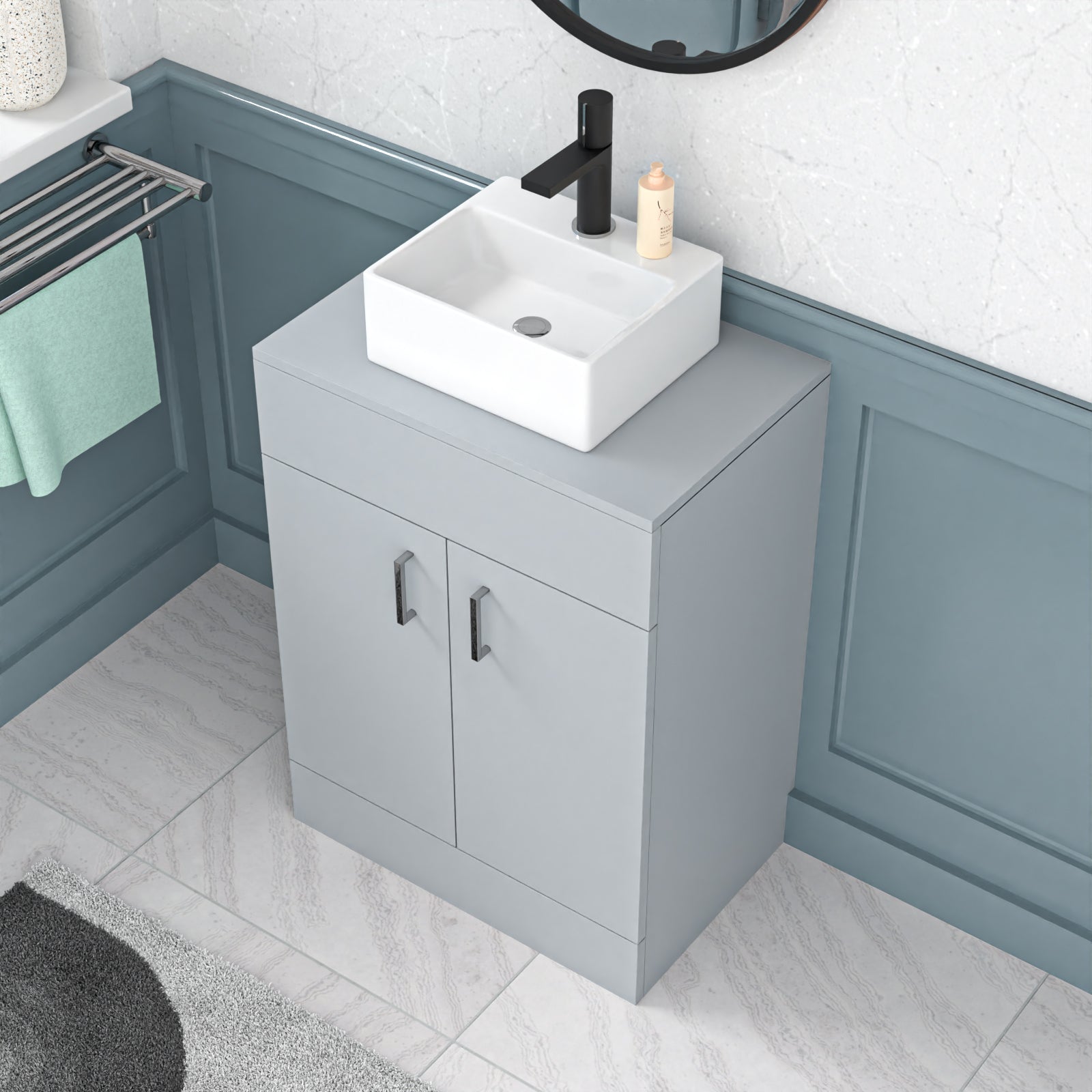 Nanuya Matte Grey 600mm Bathroom Doors Vanity Unit Rectangle Ceramic Basin