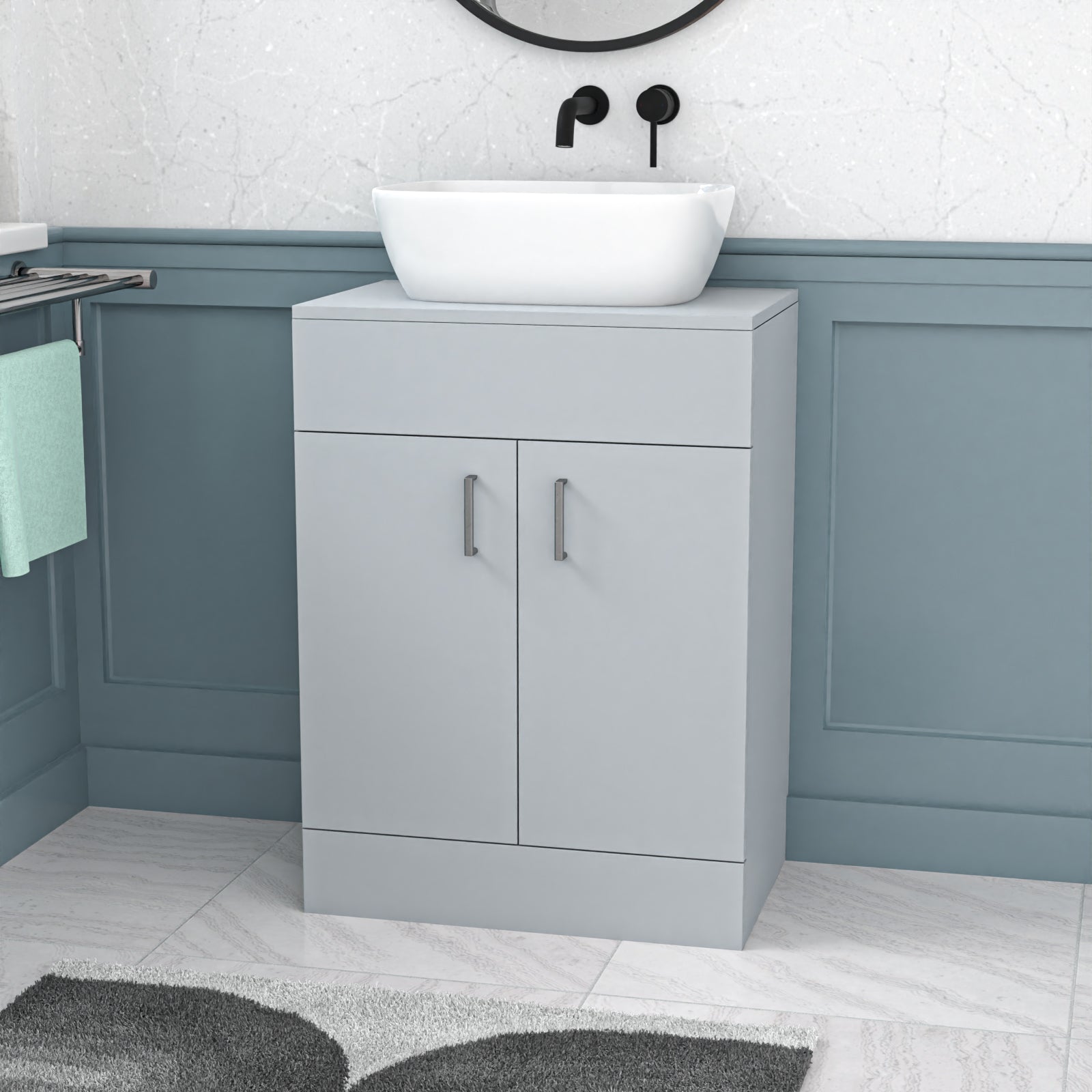 Nanuya Matte Grey 600mm Bathroom Doors Vanity Unit Rounded Rectangle Basin