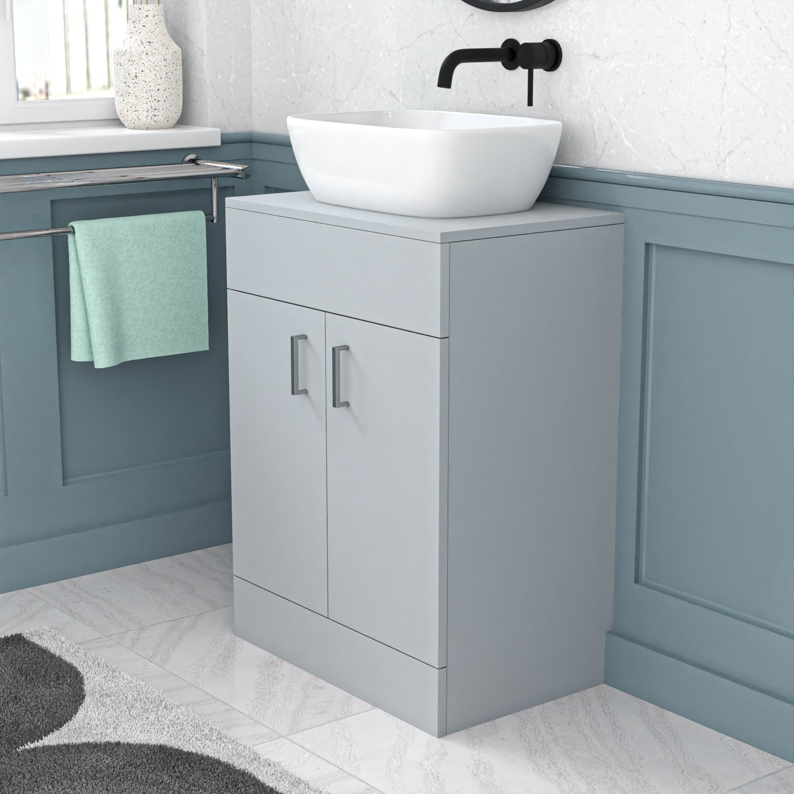Nanuya Matte Grey 600mm Bathroom Doors Vanity Unit Rounded Rectangle Basin