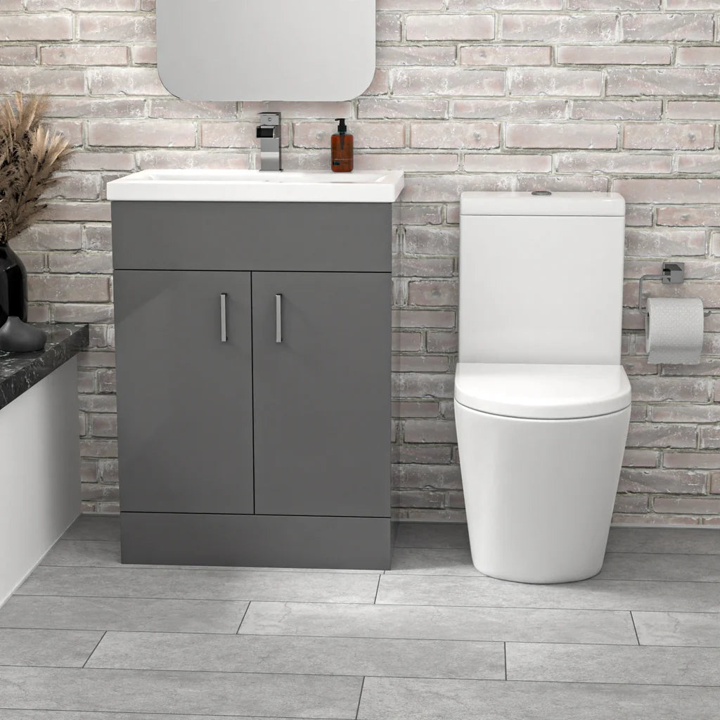 Steel Grey 600mm Freestanding Vanity With ceramic Basin & Close Coupled Toilet