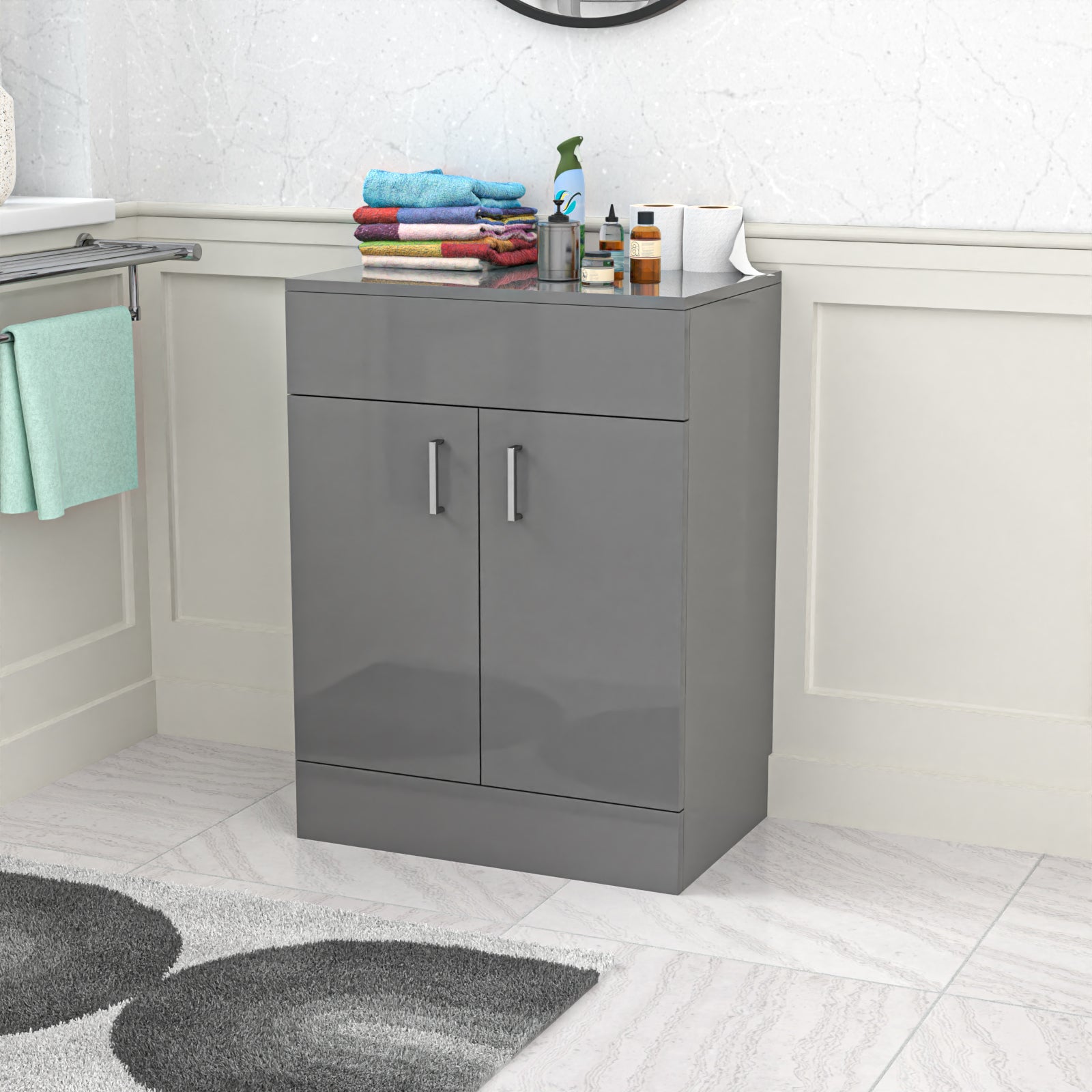 Gray bathroom cabinet with toiletries on a white tiled floor and wall.