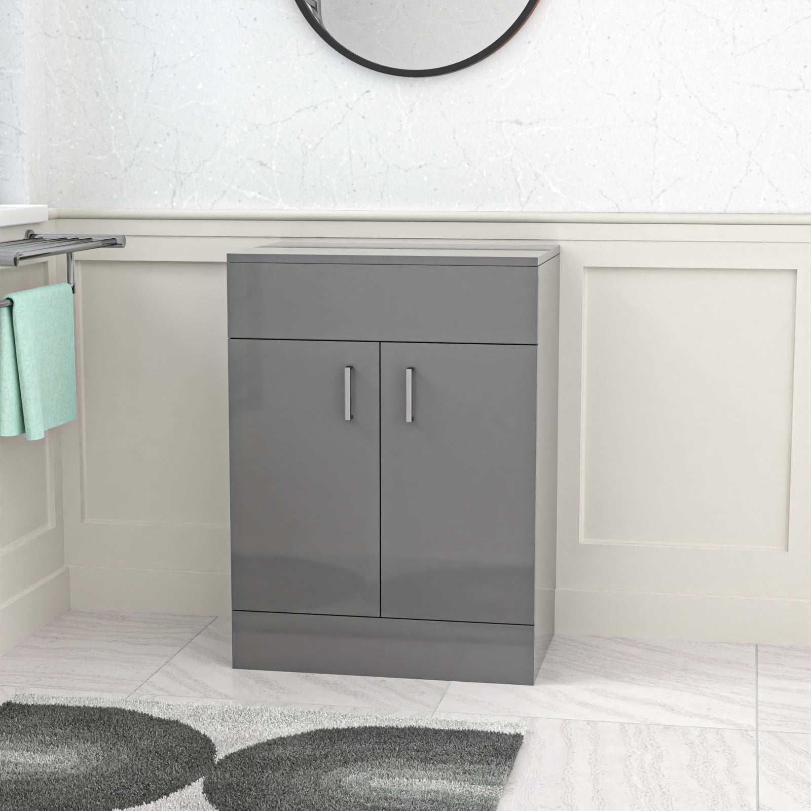 Gray cabinet in a bathroom