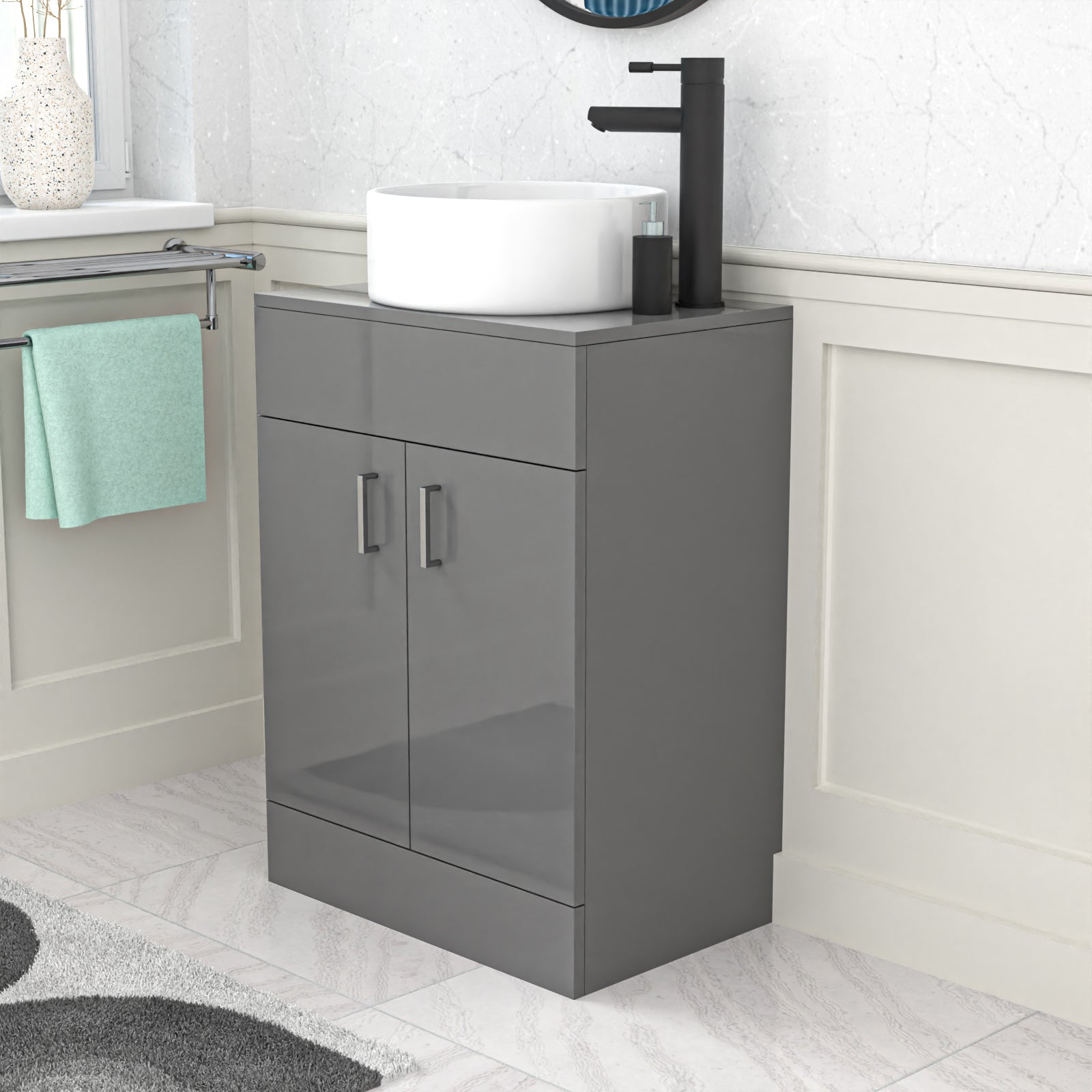 Nanuya 600mm Grey Freestanding Drawers Vanity & Worktop With Round Basin