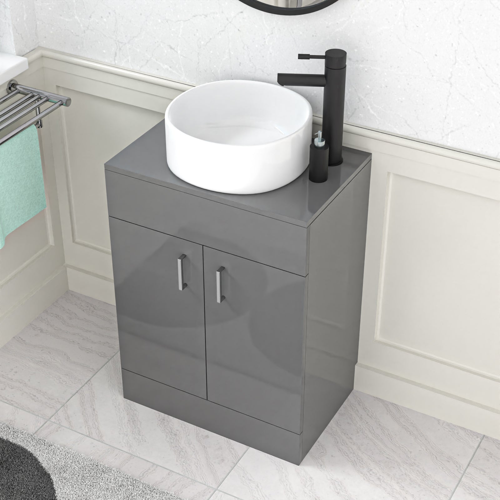 Nanuya 600mm Grey Freestanding Drawers Vanity & Worktop With Round Basin