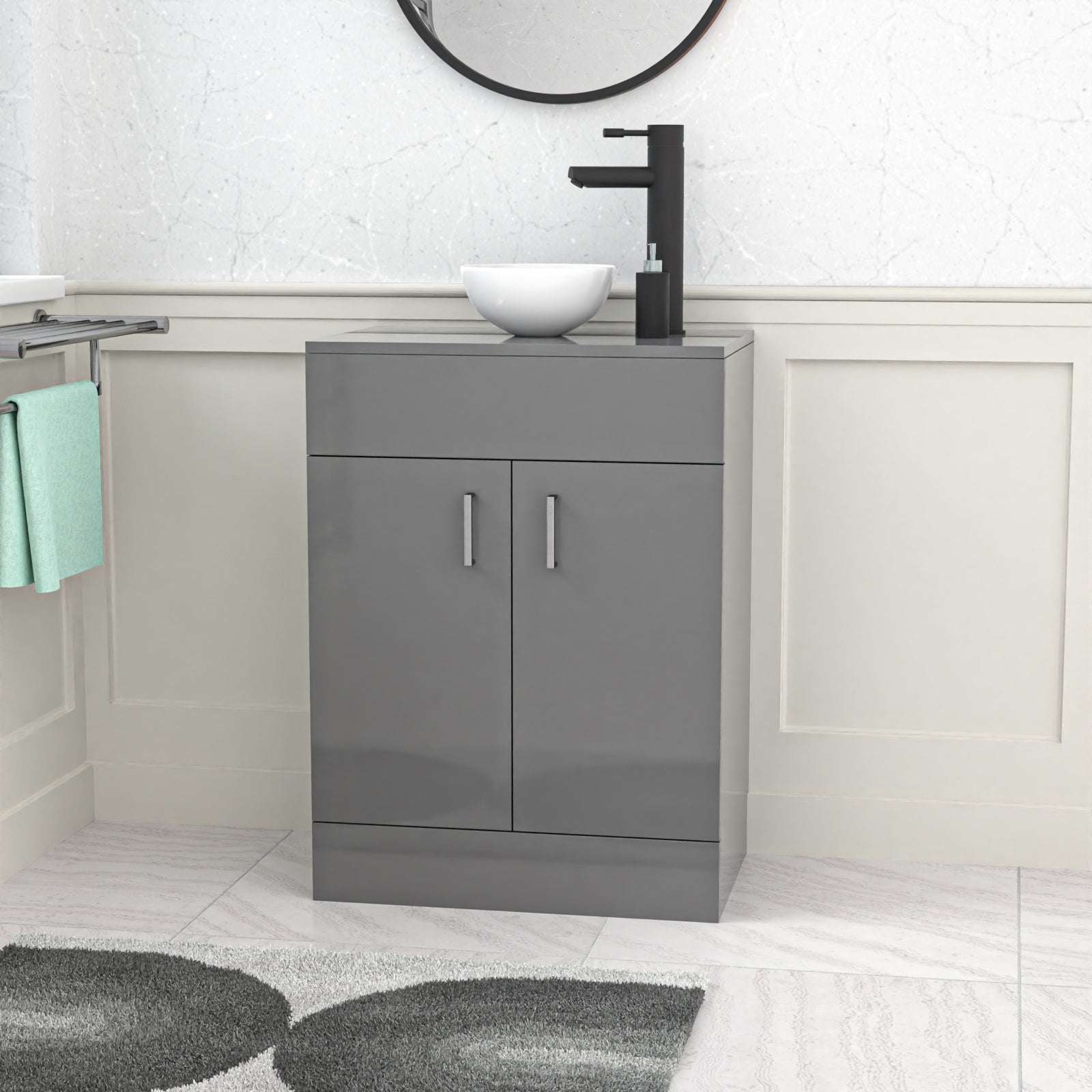 Gray vanity unit with sink and mirror in a bathroom setting