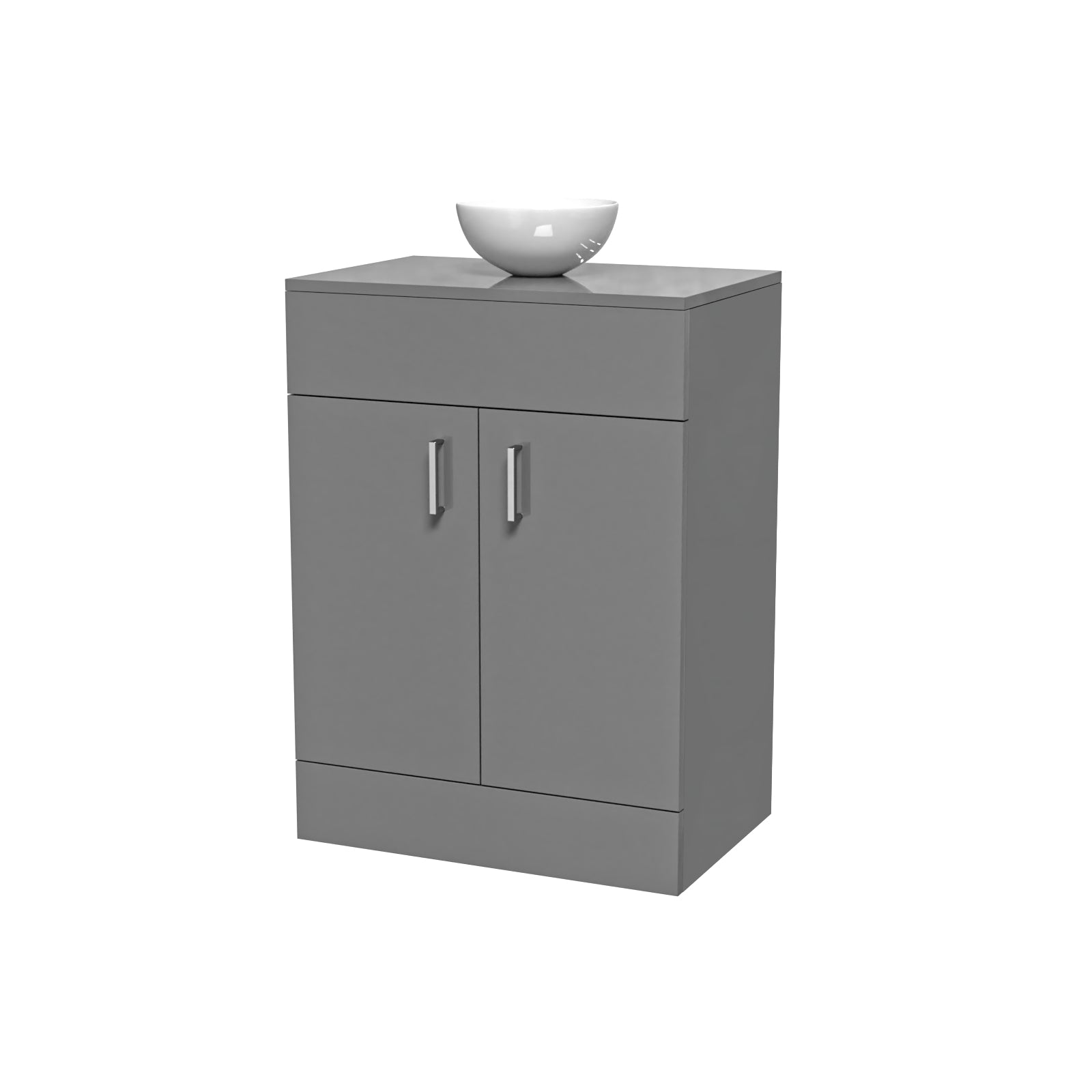 Gray bathroom vanity with a white basin on a white background