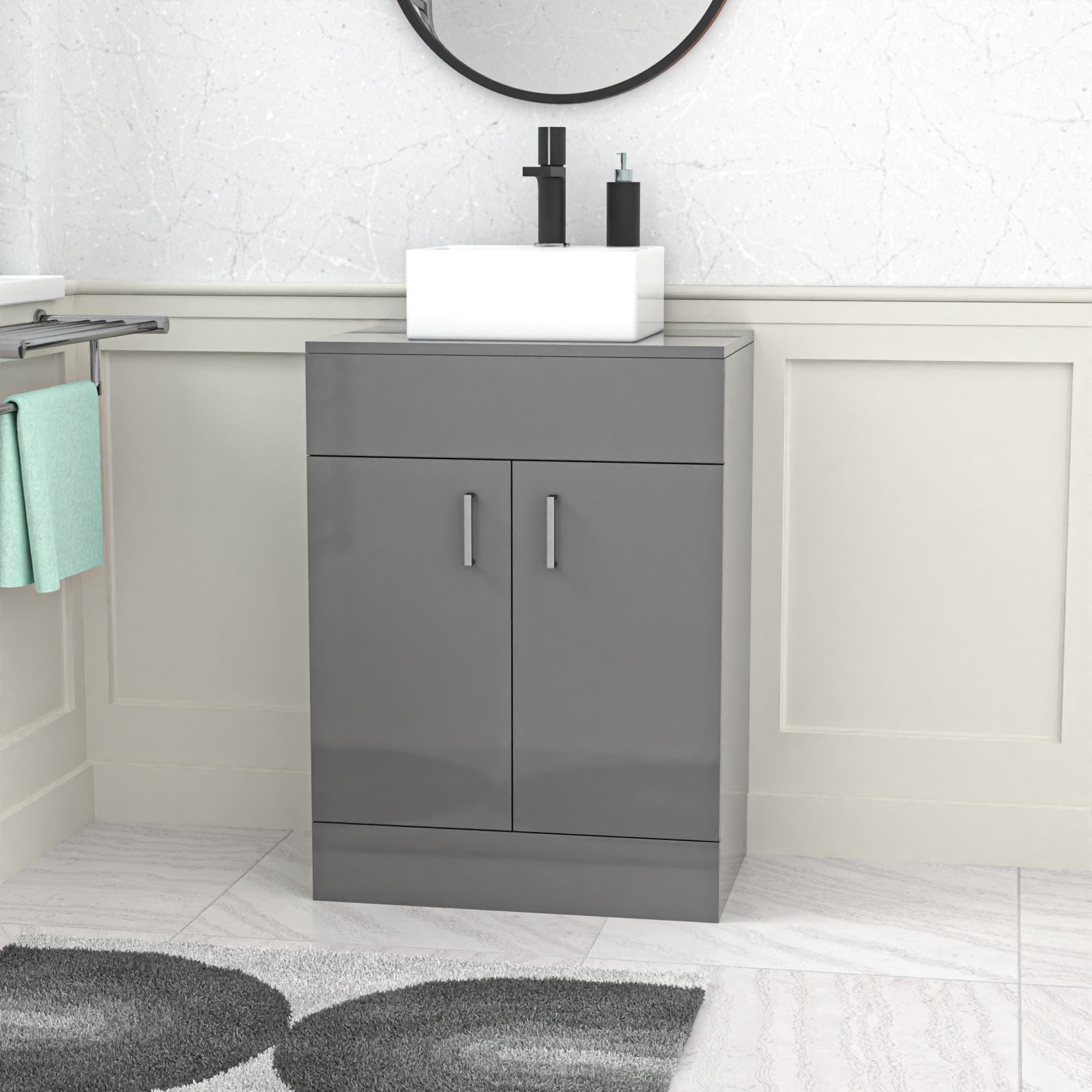 Gray vanity unit with a white basin in a bathroom setting