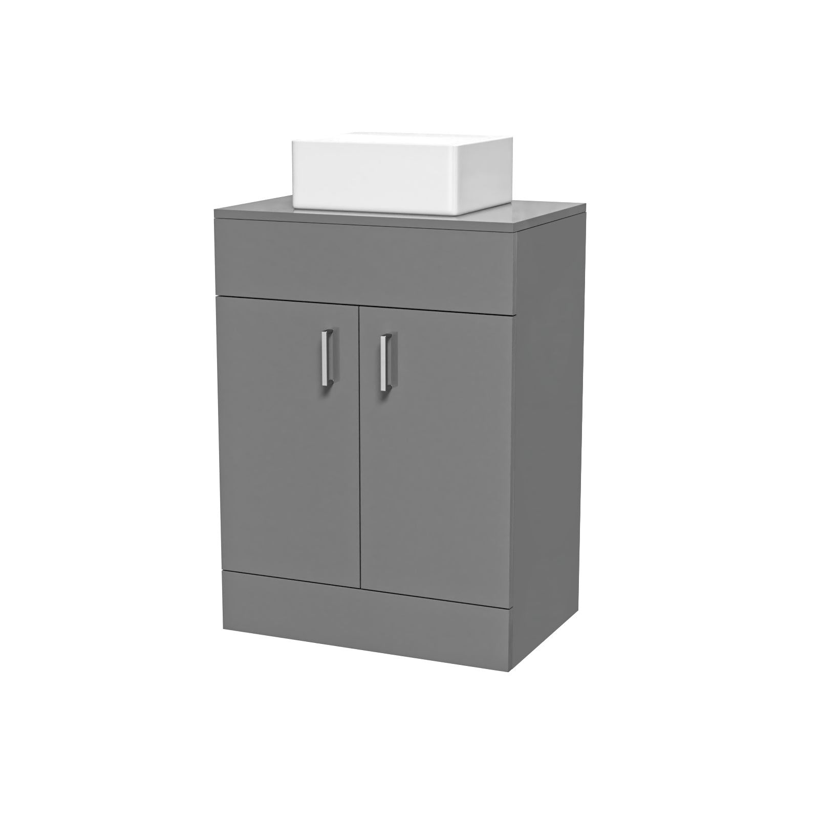 Gray bathroom vanity with white countertop on a white background