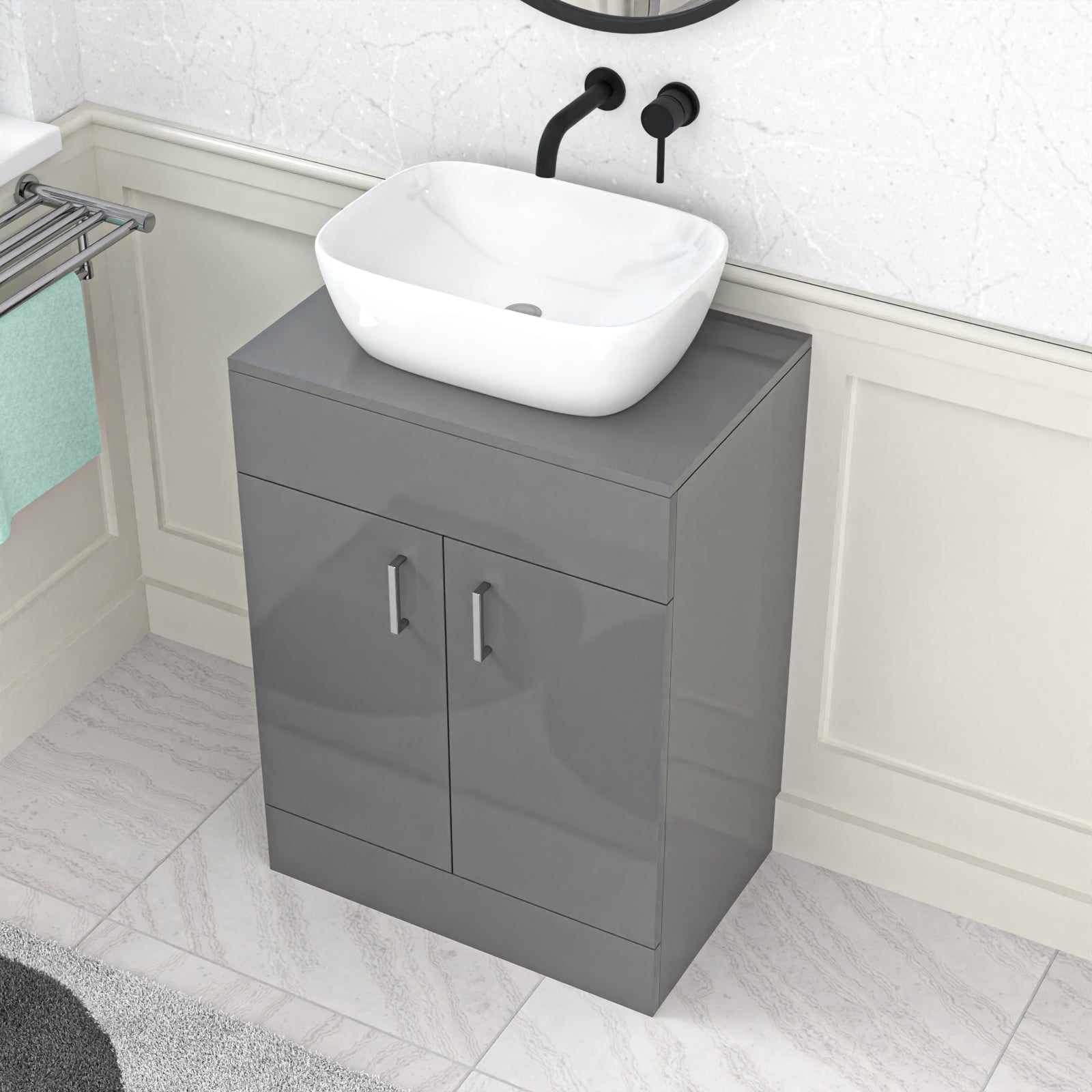 Bathroom setup with gray vanity unit, white sink, and black faucet.