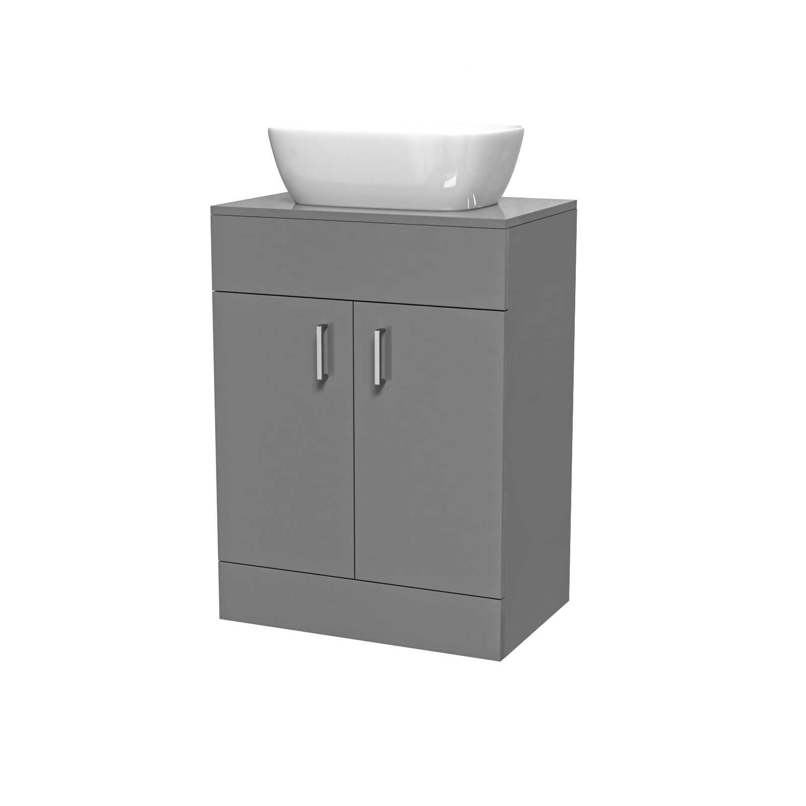 Gray vanity unit with a white basin on a white background